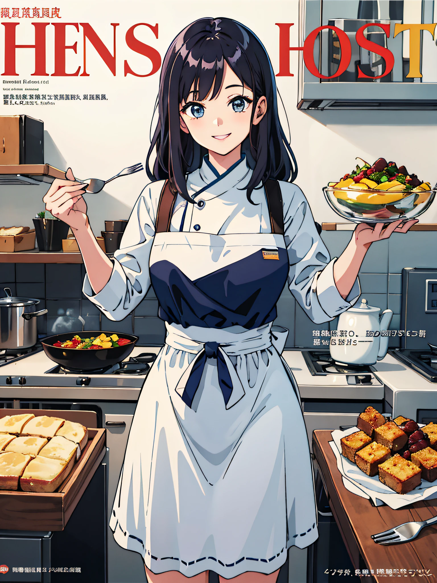 (Best Quality, Masterpiece), Women's Culinary Magazine Cover, 1girl, 20岁, Amazing, cuddly, A heartwarming smile, Hourglass figure, Lace skirt, aprons, delicious food, charachter, charts, advertisment, Magazine title,Ray Trace，Hyper-detailed description。 --v6