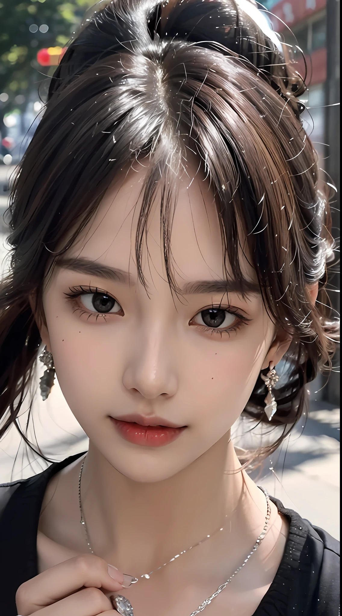 (Masterpiece), best quality, 8K resolution, real, a beautiful girl, wearing a sports vest, with a necklace, a beauty mole under the corner of the left eye, perfect figure, ((beautiful detailed face)), black hair (ponytail) (oblique bangs), delicate makeup, red lips, shiny lips, long eyelashes, with silver earrings, bright big eyes, eye shadow, lying silkworm, movie lighting, cute girl, master works, high detail, colorful picture, light and shadow details, extremely delicate beautiful girl, Supple fair skin, delicate facial features, perfect face, stunning beauty, extreme details, realistic details, holding a mobile phone to take a selfie, on the streets of a Chinese city