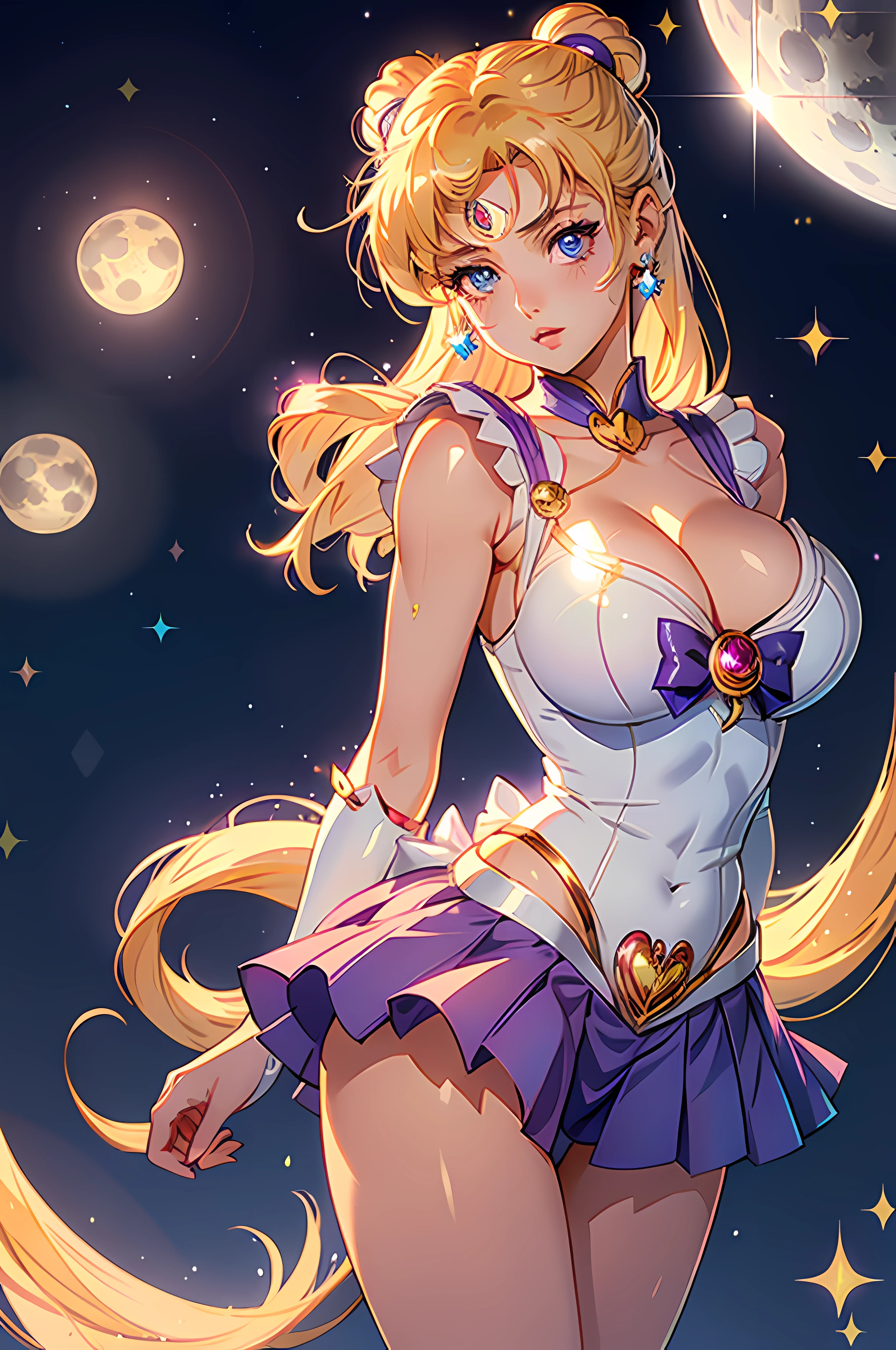 sailor moon, realistic, 1girl, (magical girl:1.4), long blonde hair, (blue eyes), (crystals, shimmer bokeh), sailor scout uniform, (huge breasts:1.25), cleavage, wide hips, small waist, collarbone, parted lips, makeup, blush, shiny skin, night, reflection, full moon, moonlight, rose