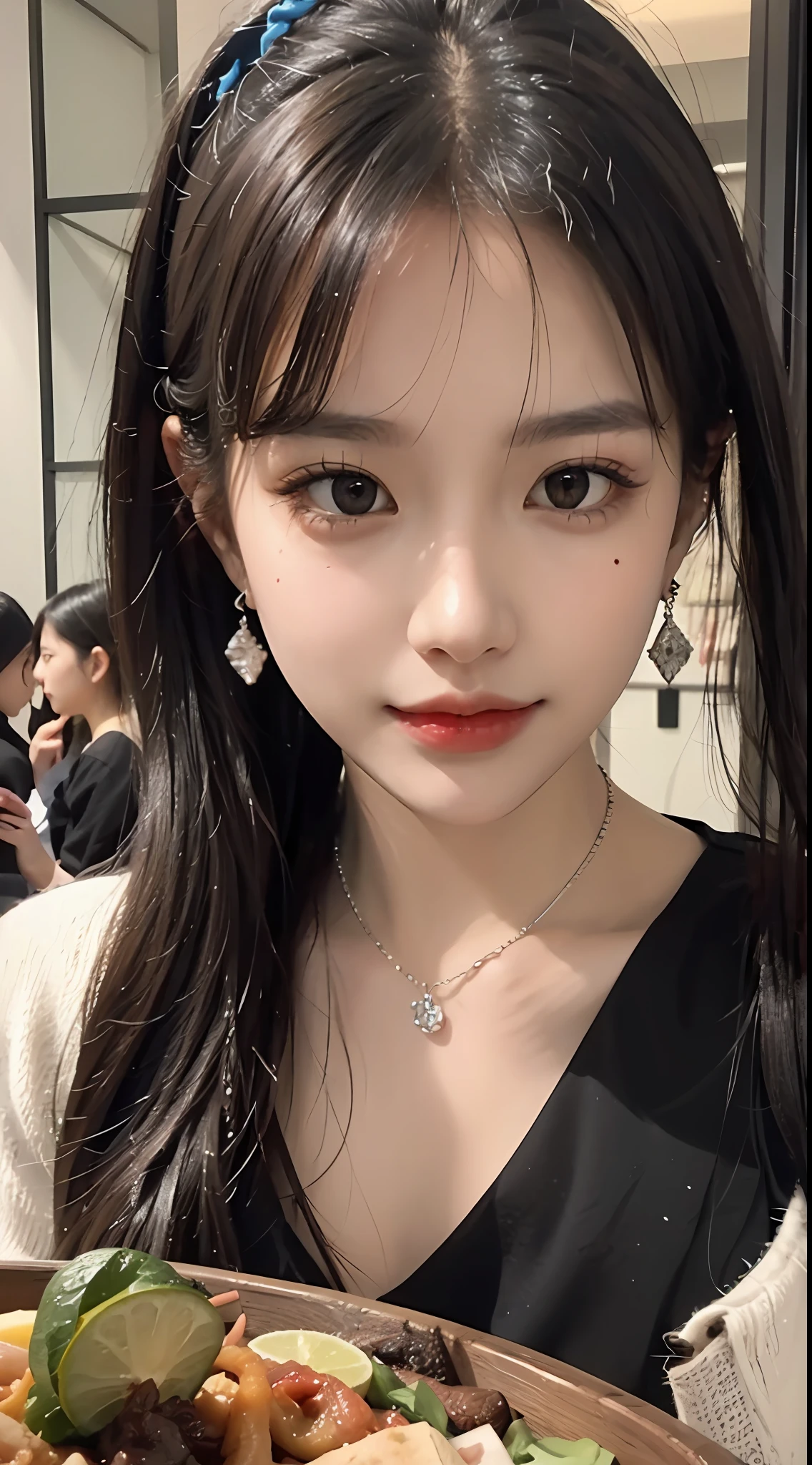(master masterpiece),the best quality t,8K分辨率,reality,Real people,A beautiful girl,Wear a sports vest,With a necklace,There is a beauty mole under the corner of the left eye ,Perfect body,((Beautiful detailed face)),black color hair(Ponytail)(slanted bangs),exquisite makeup,Red Lip,Oily lips,long eye lashes,With silver earrings,bright big eyes,Eyeshadow,Lying silkworm,cinematic Lighting,cute girls,master works,highdetailed,The picture is colorful,light and shadow details,Extremely delicate beautiful girl,Supple and fair skin,with exquisite facial features,perfect face,Stunning beauty,extreme detail depiction,Realistic details,(NIGHT、)There is still food on the table sitting in a Chinese restaurant