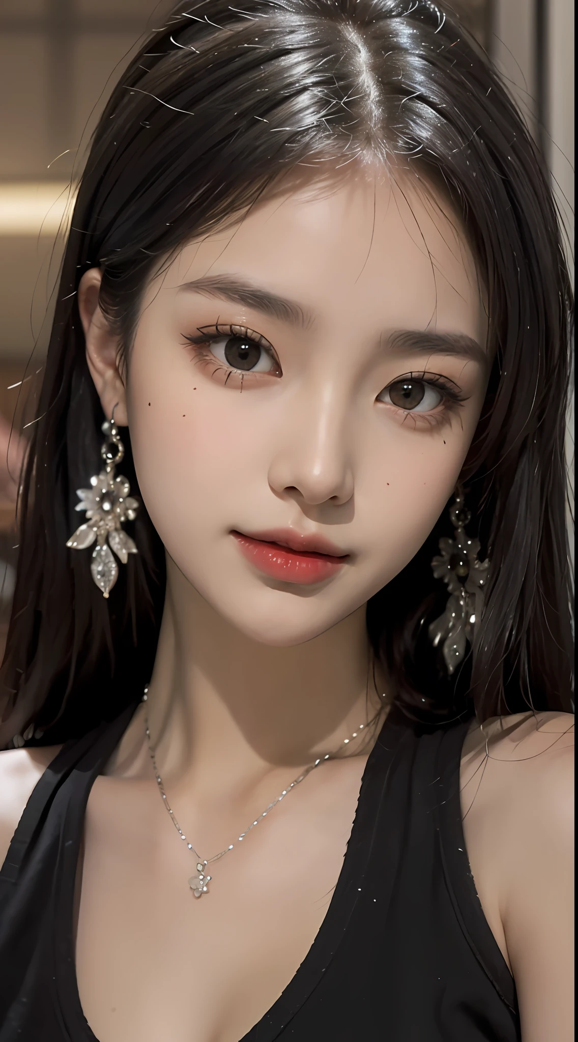 (master masterpiece),the best quality t,8K分辨率,reality,Real people,A beautiful girl,Wear a sports vest,With a necklace,There is a beauty mole under the corner of the left eye ,Perfect body,((Beautiful detailed face)),black color hair(Ponytail)(slanted bangs),exquisite makeup,Red Lip,Oily lips,long eye lashes,With silver earrings,bright big eyes,Eyeshadow,Lying silkworm,cinematic Lighting,cute girls,master works,highdetailed,The picture is colorful,light and shadow details,Extremely delicate beautiful girl,Supple and fair skin,with exquisite facial features,perfect face,Stunning beauty,extreme detail depiction,Realistic details,(NIGHT、)There is still food on the table sitting in a Chinese restaurant