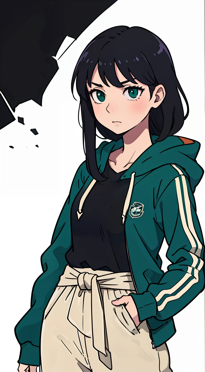 (best-quality:0.8), solo, broken introspective perfect anime illustration, college student female with long black hair wearing dark green hoodie, plain jacket, simple colors, white background, waist-up shot, half body shot, high resolution, no props, neutral pose, front view, normal pose, mature face