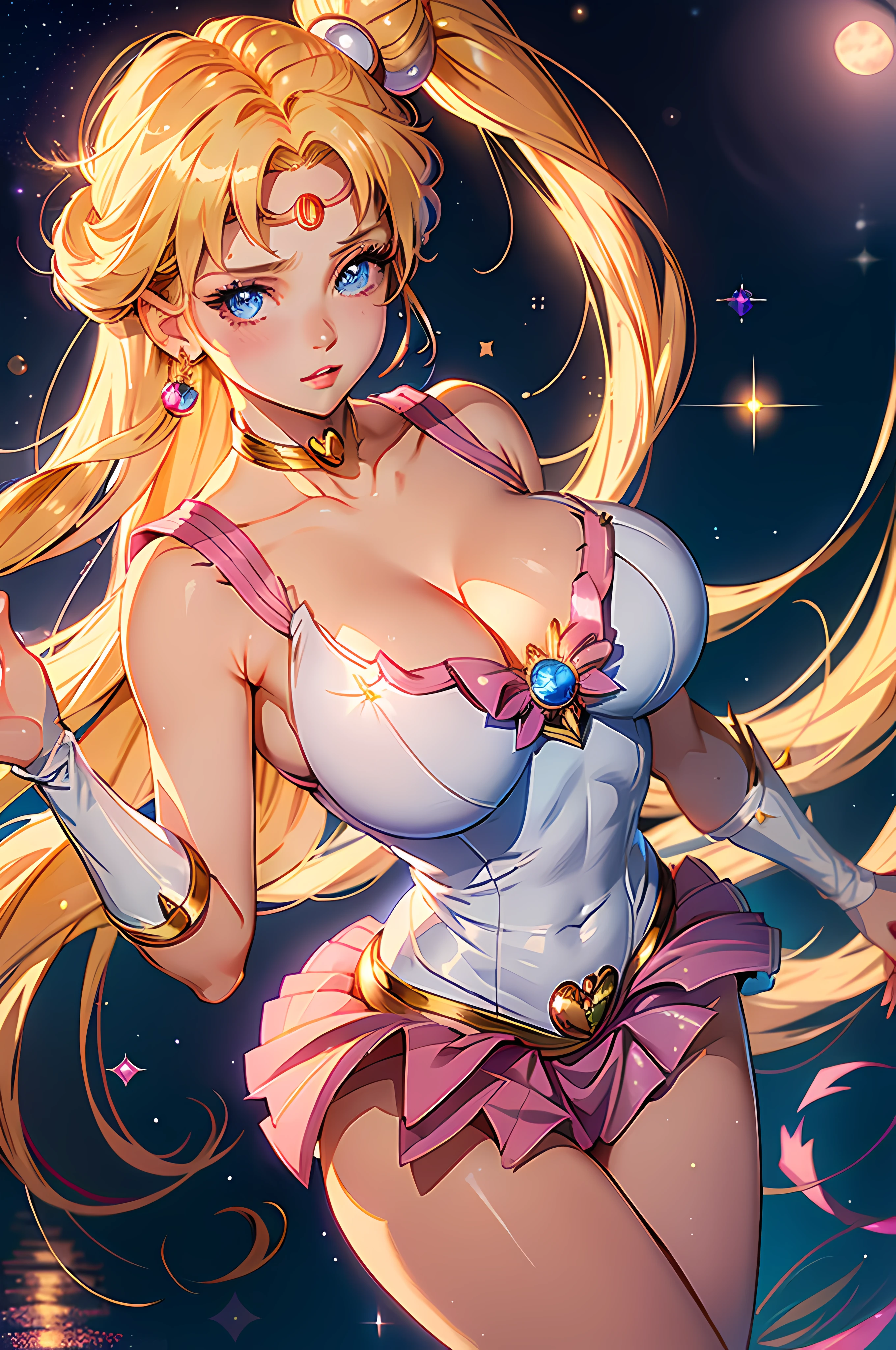sailor moon, realistic, 1girl, (magical girl:1.4), long blonde hair, (blue eyes), (crystals, shimmer bokeh), sailor scout uniform, (huge breasts:1.25), cleavage, wide hips, small waist, collarbone, parted lips, makeup, blush, shiny skin, night, reflection, full moon, moonlight, rose