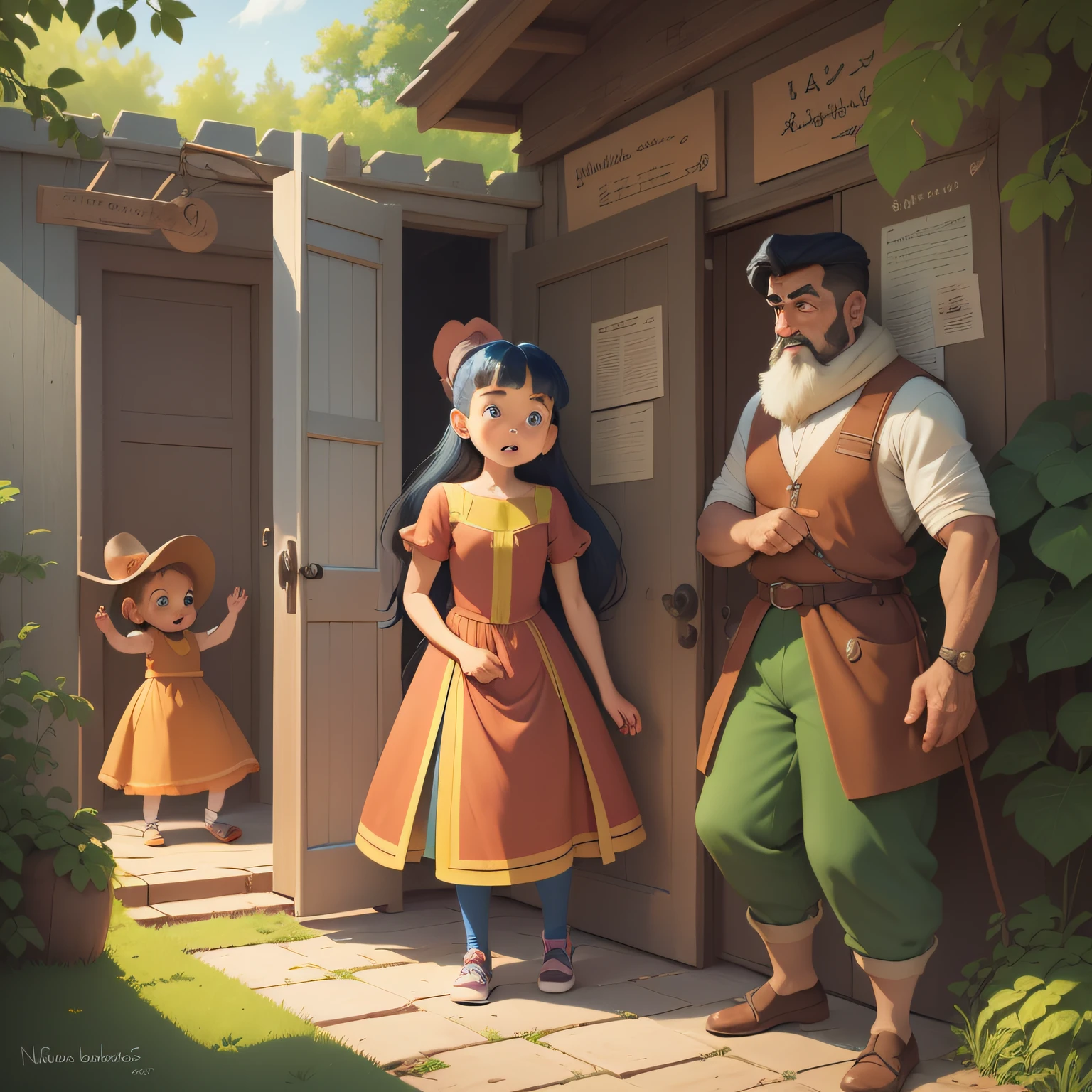 At the door, a boy and his mother ran into a man, childrens illustration, a storybook illustration inspired by Altoon Sultan, Tumblr, les nabis, persian folktale art style, production animation cel, persian folktale art style, children, 's cartoon, animation cel, animated movie scene, anime cels, cartoon painting, 1001 nights, disney cartoon