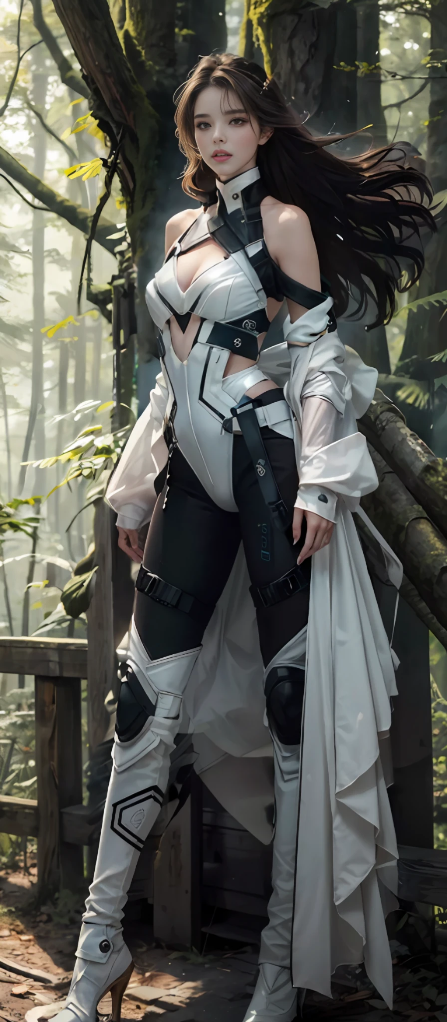 |, Cosmic Horror Atmosphere|, high-res, 1woman, In Forest, Similar To Miranda Kerr, Wearing white cyberpunk police full armor)|, (Tall, Slender &, with pale skin, Dark Brown Hair That Cascades To Her Shoulders, Ultra-Detailed Hazel Eyes, Hourglass Figure )|, 4k, masterpiece, best quality, mix4