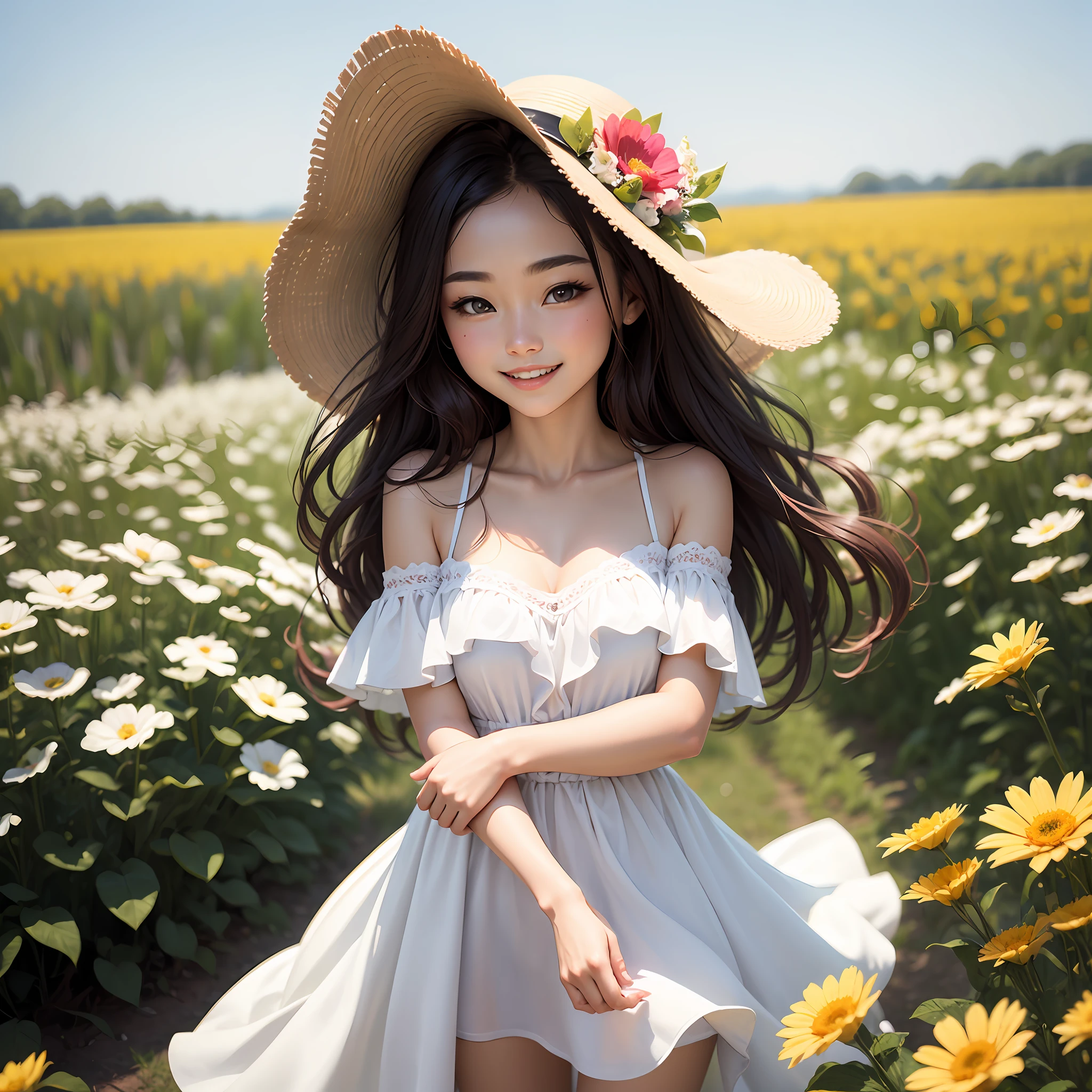 White dress, off-the-shoulder, blooming flower field, glowing skin, light smile --auto
