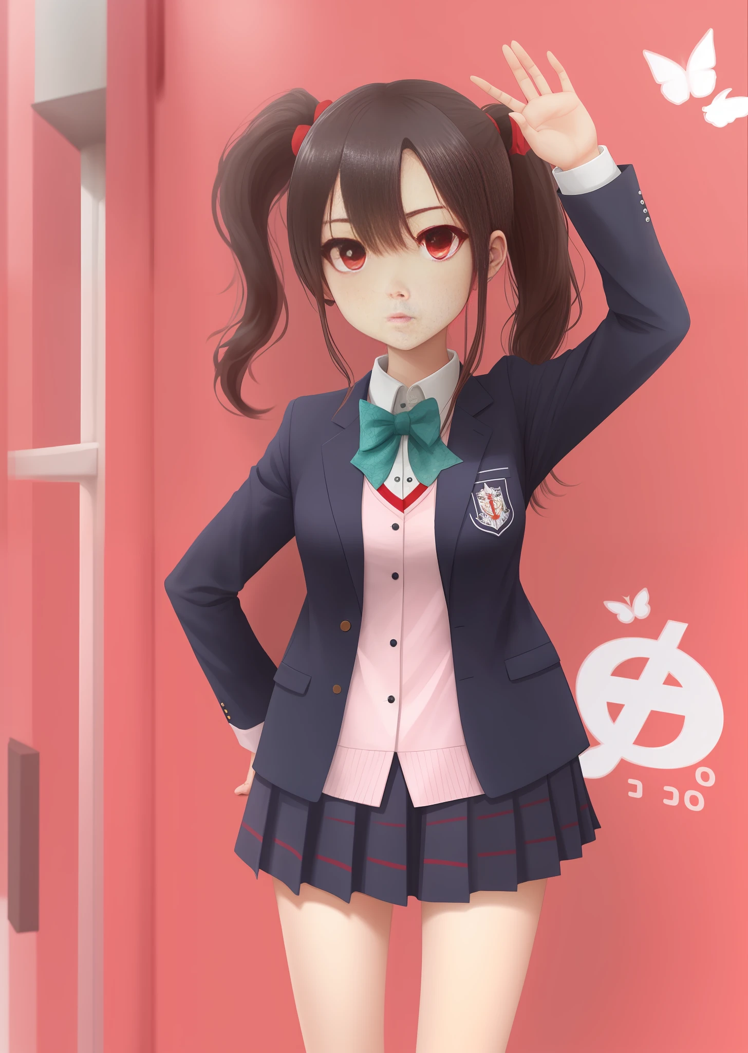 Double ponytail, red eyes, school uniform