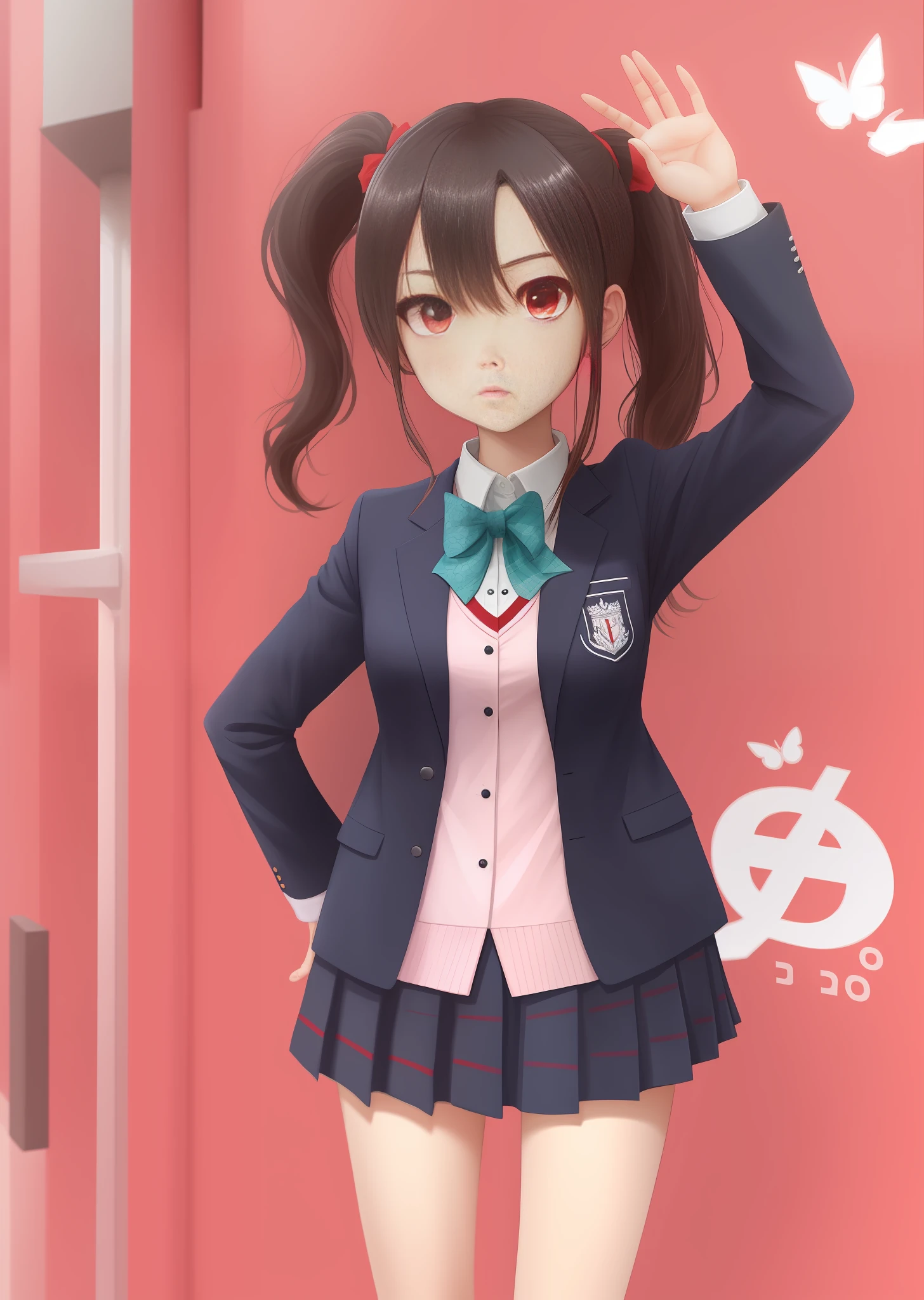 Double ponytail, red eyes, school uniform