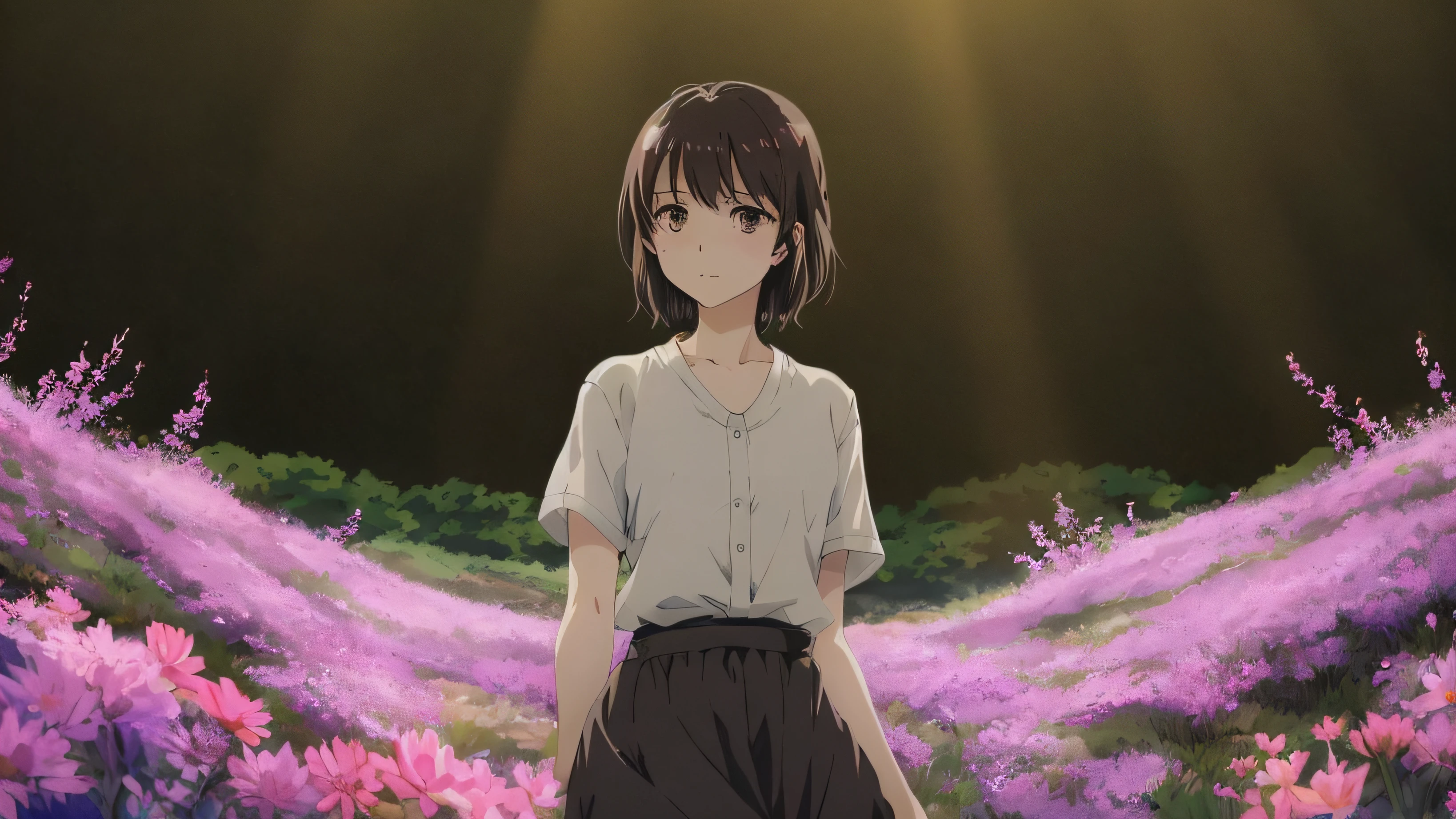 Very detailed and precise illustrations close to photographs、Amazing beautiful woman、Dignified、Brown shorthair、Perfectly round gray eyes、serene expression、Staring at the camera、gray shirt、Wearing a long gray skirt。Flowers blooming on a plateau in the background々、Surrounded by flowers、Dramatic backlighting、Anime Style。