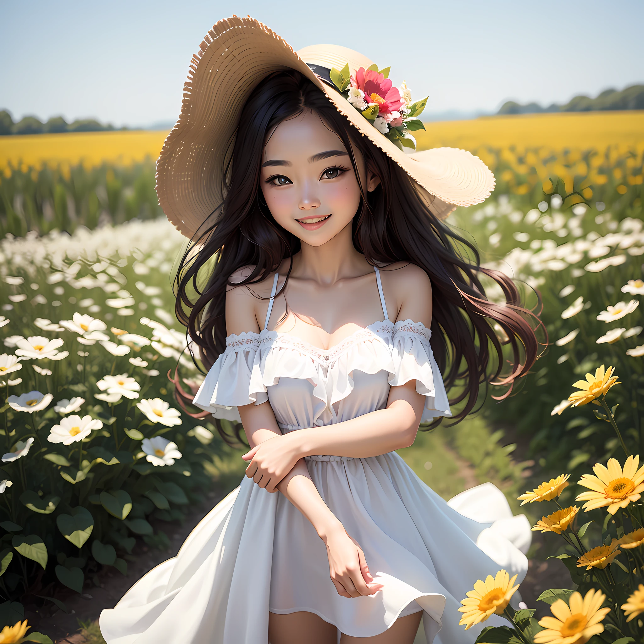 White dress, off-the-shoulder, blooming flower field, glowing skin, light smile --auto