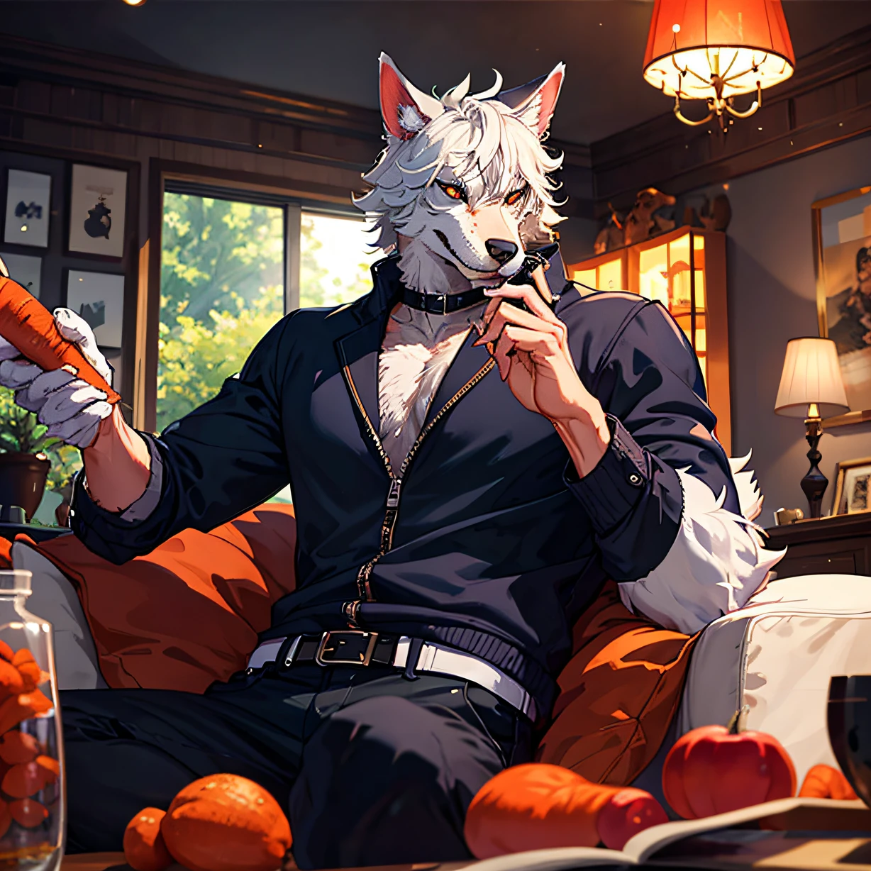 A male werewolf in the living room with a carrot in his hand watching this rabbit in a daze