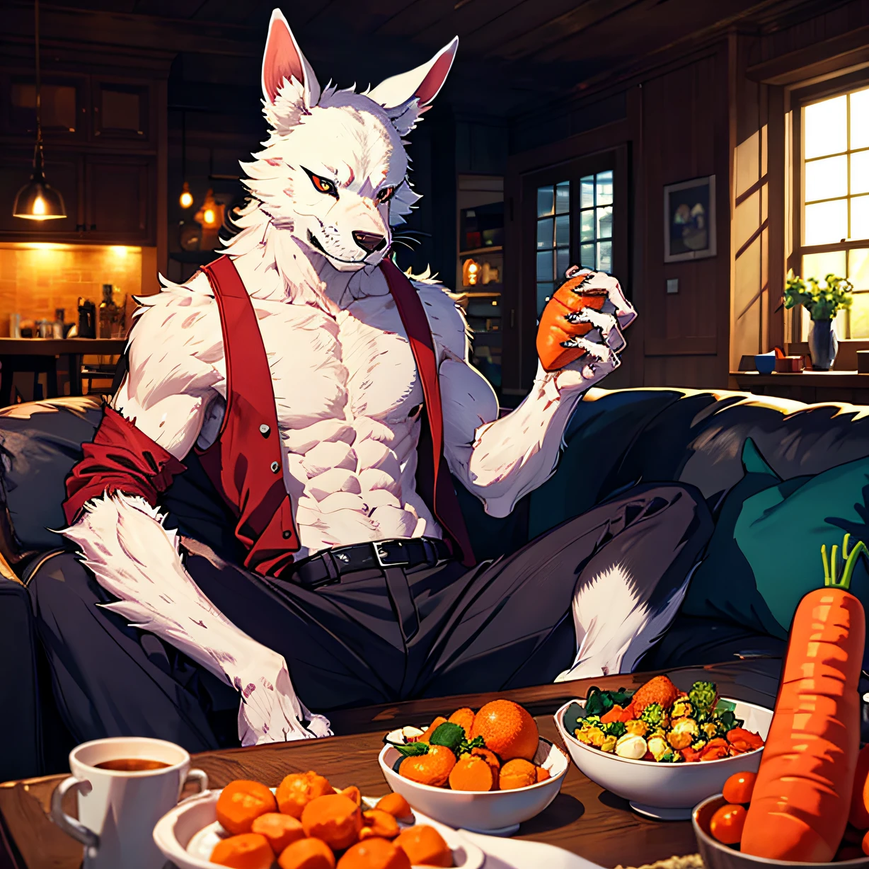 A male werewolf in the living room with a carrot in his hand watching this rabbit in a daze