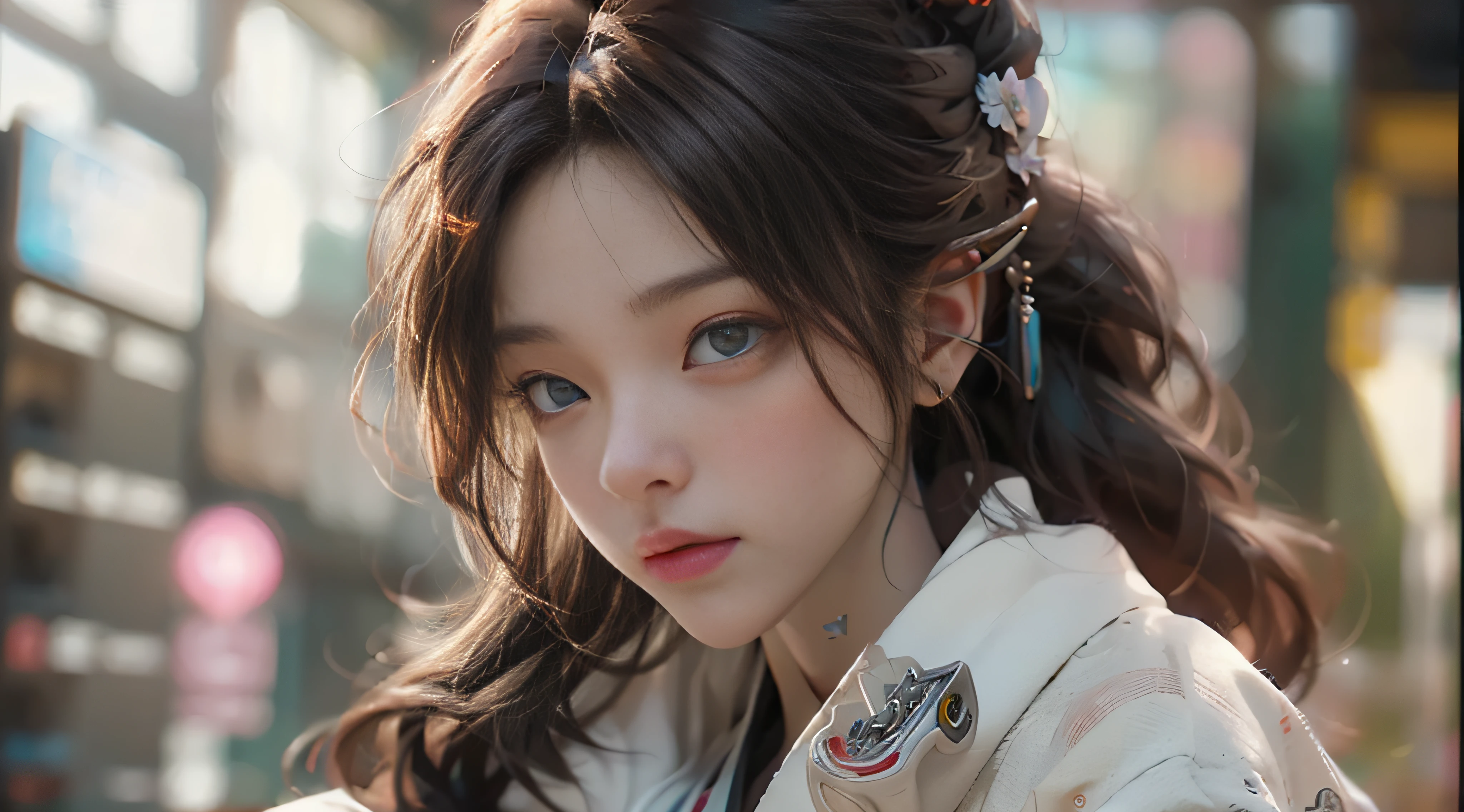 ((best best quality)), ((master masterpiece)), (Detail:1.4), 3D, A beautiful cyberpunk female image,HDR(high dynamic range),Ray Trace,NVIDIA RTX,Super-Resolution,Unreal 5,Subsurface scattering、pbr texturing、Postprocess、Anisotropic Filtering、depth offield、Maximum Clarity and Clarity、multilayer textures、Albedo and Specular map、Surface coloring、Mitsu-Accurate simulation of material interactions、Perfect Scale、Octane Render、Two-color light、large aperture、low ISO、white balance、Rule of Thirds、8K RAW、Beautiful bright pupils,flowing robe,Fine pupils,Detailed face and eyes,long eye lashes,Blushlush,voluminous hair,