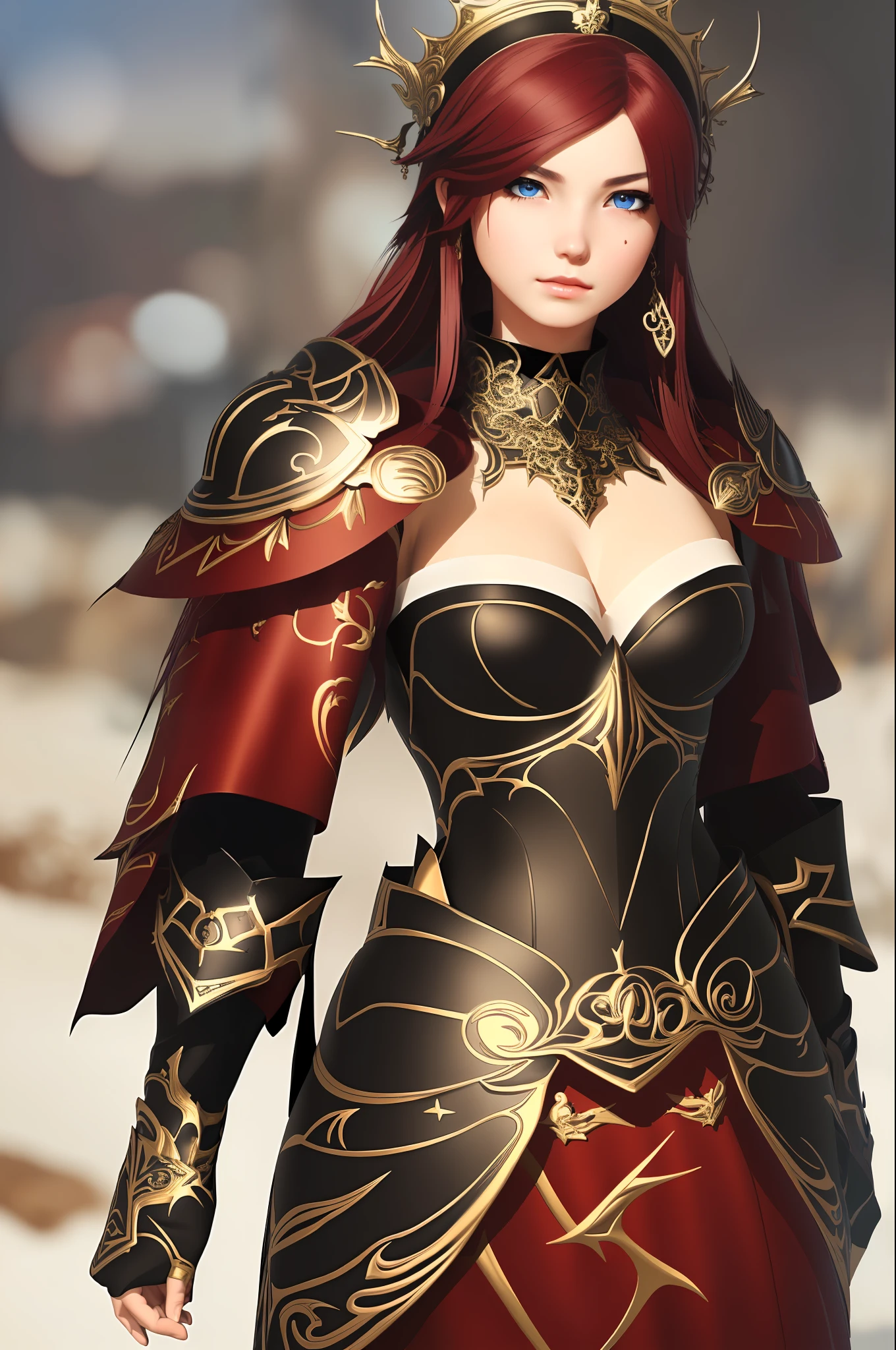 (masterpiece:1.2), (best quality:1.2), perfect eyes, perfect face, perfect lighting, 1girl, mature female on a battlefield, absurdly long [red: black: 0.5] hair, crown braid, war_glam, armor, leather skirt, scars, fantasy, detailed background