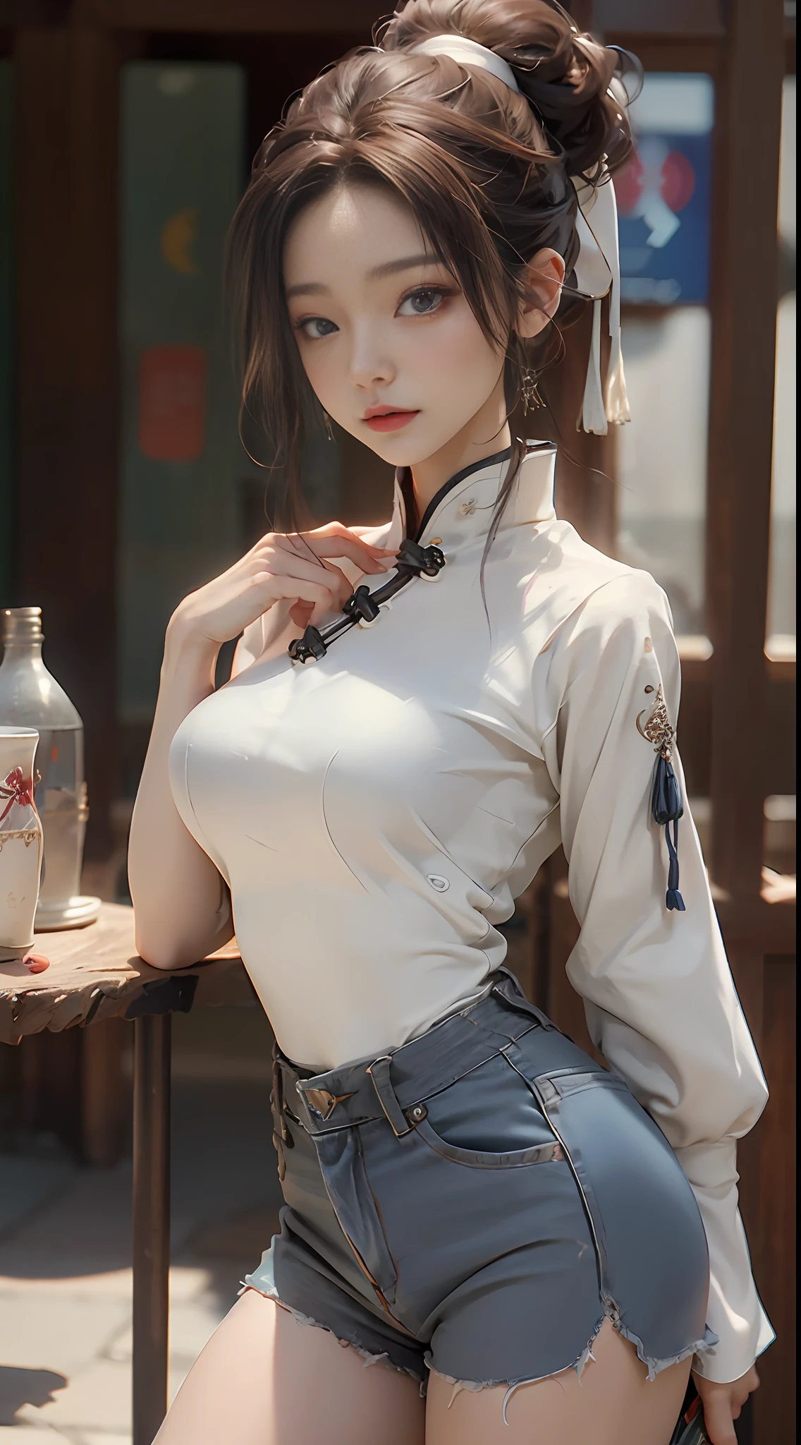 ((bestbestquality)), ((master masterpiece)), (Detail:1.4), 3D, A beautiful cyberpunk female image,HDR(high dynamic range),ray traced,NVIDIA RTX,Super-Resolution,Unreal 5,Subsurface scattering、pbr texturing、Postprocess、Anisotropic Filtering、depth offield、Maximum Clarity and Clarity、Multilayer texture、Albedo and Specular map、Surface coloring、Mitsu-Accurate simulation of material interactions、Perfect Scale、Octane Render、Two-color light、large aperture、low ISO、white balance、Rule of Thirds、8K RAW、araffe woman wearing a mask and denim shorts standing in a room, Ulzzang, full body xianxia, trending at cgstation, 2 4 year old female model, gorgeous Chinese model, kanliu666, Korean girls, gorgeous young Korean woman, photo of slim girl, cruel korean goth girl, 8k)), smooth white tight clothes suit