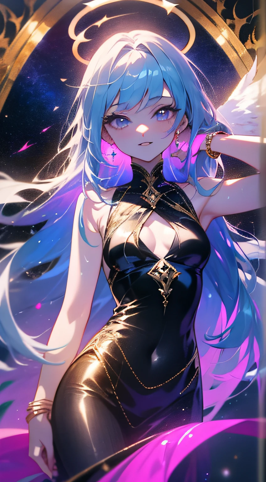 (simple hands:0.5)+(detailed hands:0.7), (masterwork), (best quality), blue hair, lilac eyes,1girl, pale skin, blue hair, lilac eyes, two tone hair, eyelashes, bracelet, jewelry, smile, gleaming skin, shiny hair, detailed and majestic stage, Fantasy, Long Hair, 1 girl, two-tone hair, night sky, Incredibly detailed CG illustration masterpiece, looking at you, anime, beautiful anime eyes, beautiful detailed eyes, eyes, glittering eyes, galaxy, nebula, (full body), small breasts, POV, wet neckline, 4k hd, ultra realistic, perfect body, perfect lips, perfect nose, perfect eyes, looking at the viewer, dress, elegant dress, Soft Dress, Long dress, Neon, Neon Lights, Bright Colors, Detailed Dress, Neon Dress, Elegant Dress, (Strapless Dress), (Sleeveless Dress), Black Dress, Bridal Dress, Gold Trim, Toga, Angelic, Halo,