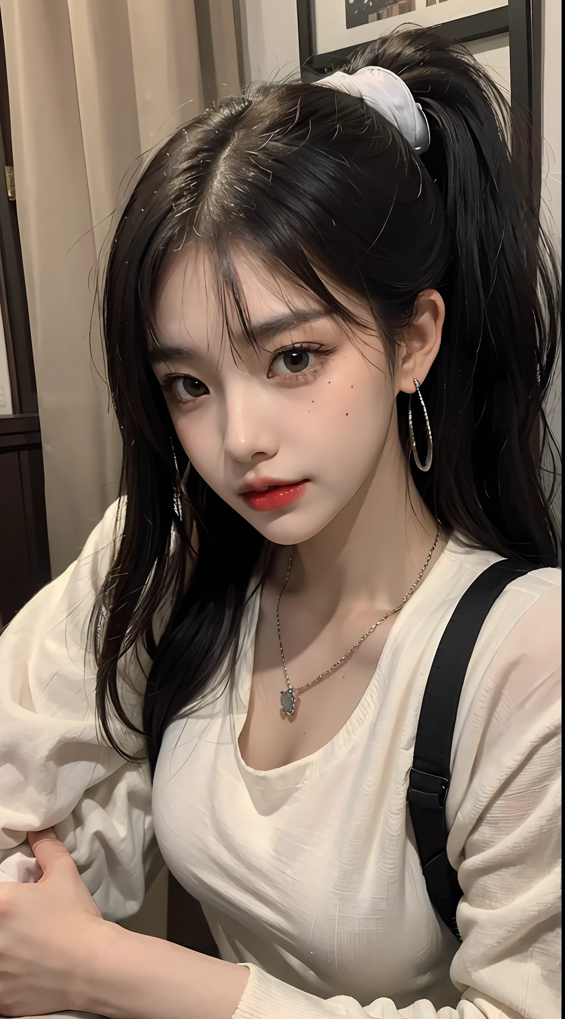 (master masterpiece),the best quality t,8K分辨率,Real person,Real people,A beautiful girl,wears a(White tight tshirt, tight pants, ),With a necklace,There is a beauty mole under the corner of the left eye ,Perfect body,((Beautiful detailed face)),black color hair(Double Ponytail)(slanted bangs),exquisite makeup,redlips,Oily lips,long eye lashes,With silver earrings,bright big eyes,Eyeshadow,Lying silkworm,cinematic Lighting,cute girls,master works,High Details,The picture is colorful,light and shadow details,Extremely delicate beautiful girl,Supple and fair skin,with exquisite facial features,perfect face,Stunning beauty,extreme detail depiction,Realistic details,(on night、)There is still food on the table sitting in a Chinese restaurant