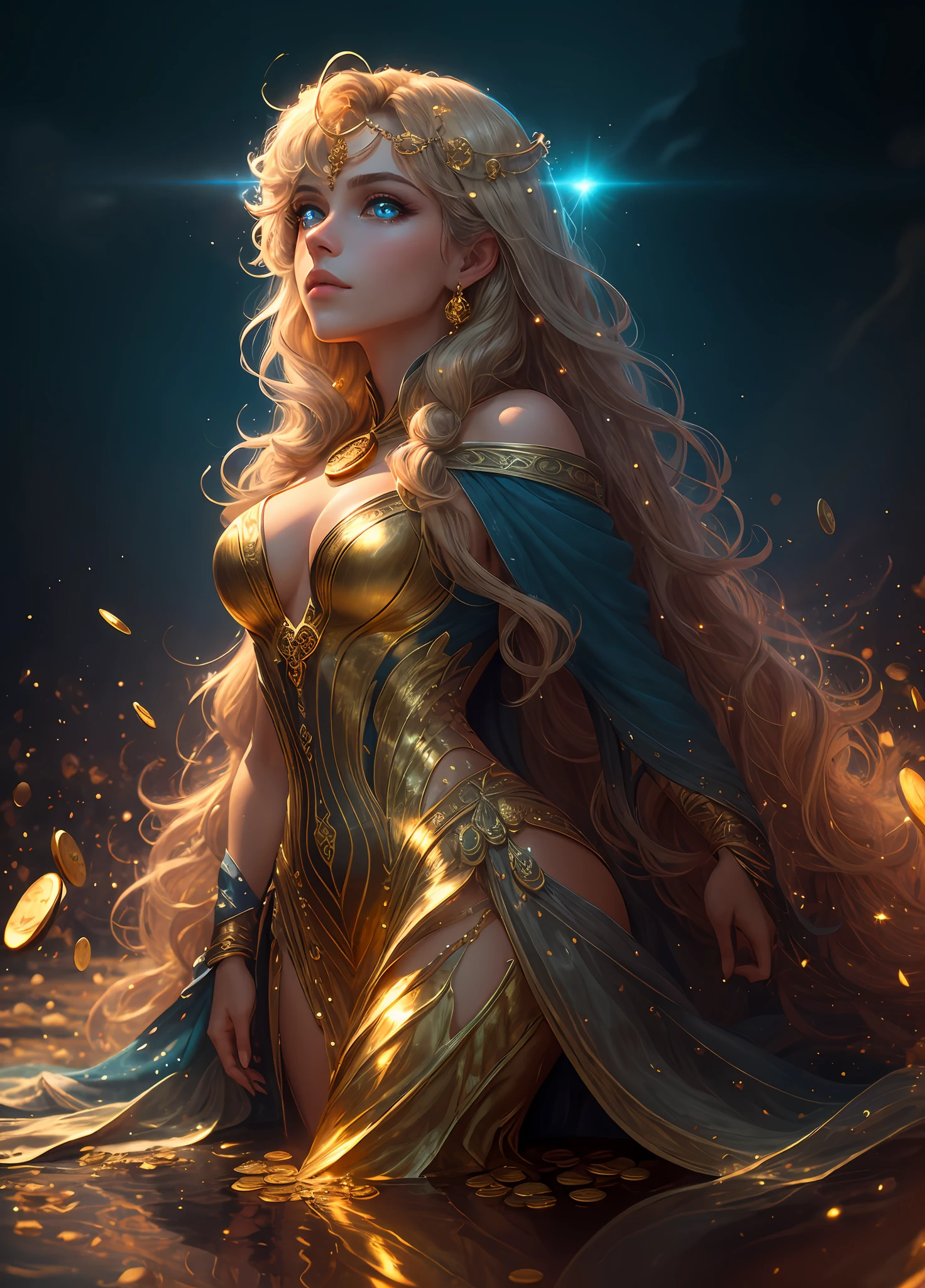 Full body shot, illustration, film light, fantasy, highest quality, super detailed, best quality, masterpiece, (detailed face), tall sexy mature woman, dress made of gold coins chained together, glowing quicksand, floating embers Crystals, golden hair accessories, metal that reflects sunlight, (body focal length: 1.25), clear blue sky, desert ocean in the background, long curly hair, golden eyes, magic, darkness, light reflection --s2