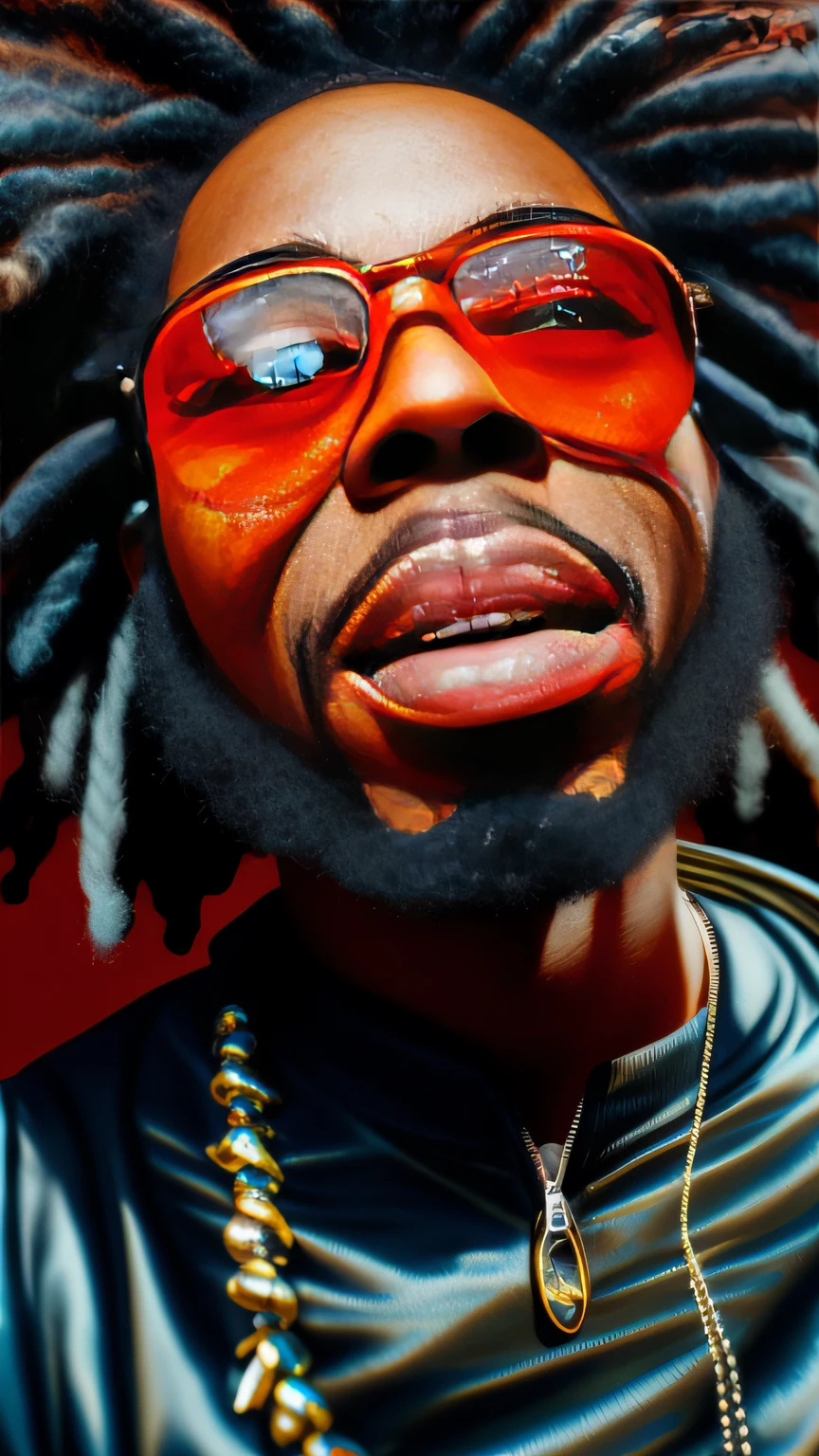 Il y a un homme avec des dread locks et des lunettes de soleil qui pose pour une photo, close up portrait photo, Portrait en gros plan, album art, fermer - Portrait haut, Portrait en gros plan, Bootsy Collins, Portrait moyen en gros plan, edited, detailed portrait shot, fermer-Tir vers le haut, visage froid, Dreadlocks afro rouges en feu, vibrant light, Photo en mode portrait