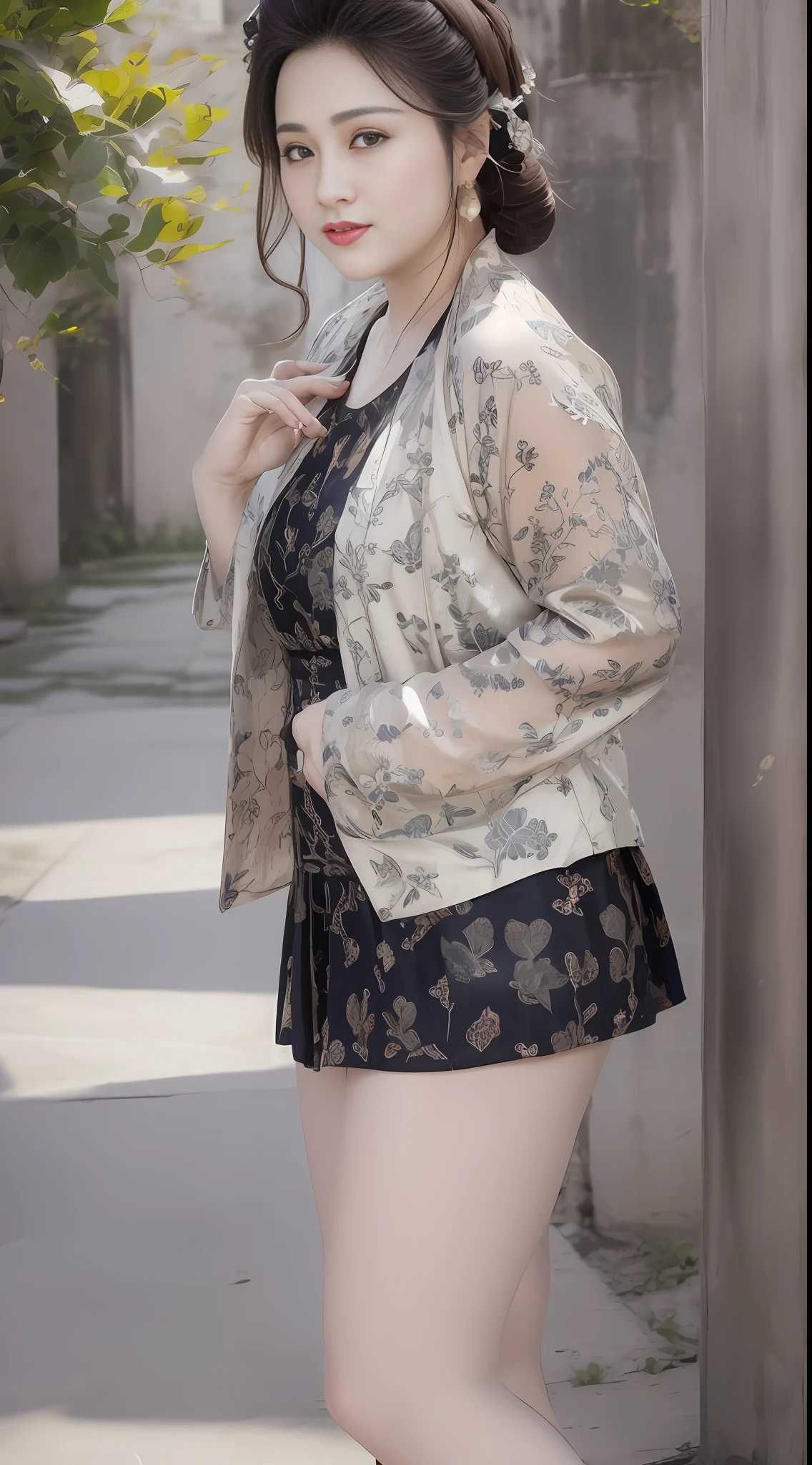 Sweet looking fat girl, long legs, height 180cm, high heels, confident, sunny, beautiful and generous, master photography composition, background blur, refreshing picture, round cute face, Alafeld woman posing for photo in short skirt and jacket, 2263539546], cute: 2, good, female model, with fashion clothing, delicate pattern, 2 D CG, simple stylization, white background: 3, (ivory black), 1285445247], Shaxi