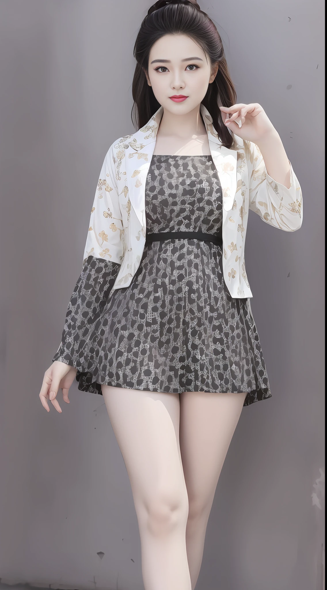 Sweet looking fat girl, long legs, height 180cm, high heels, confident, sunny, beautiful and generous, master photography composition, background blur, refreshing picture, round cute face, Alafeld woman posing for photo in short skirt and jacket, 2263539546], cute: 2, good, female model, with fashion clothing, delicate pattern, 2 D CG, simple stylization, white background: 3, (ivory black), 1285445247], Shaxi