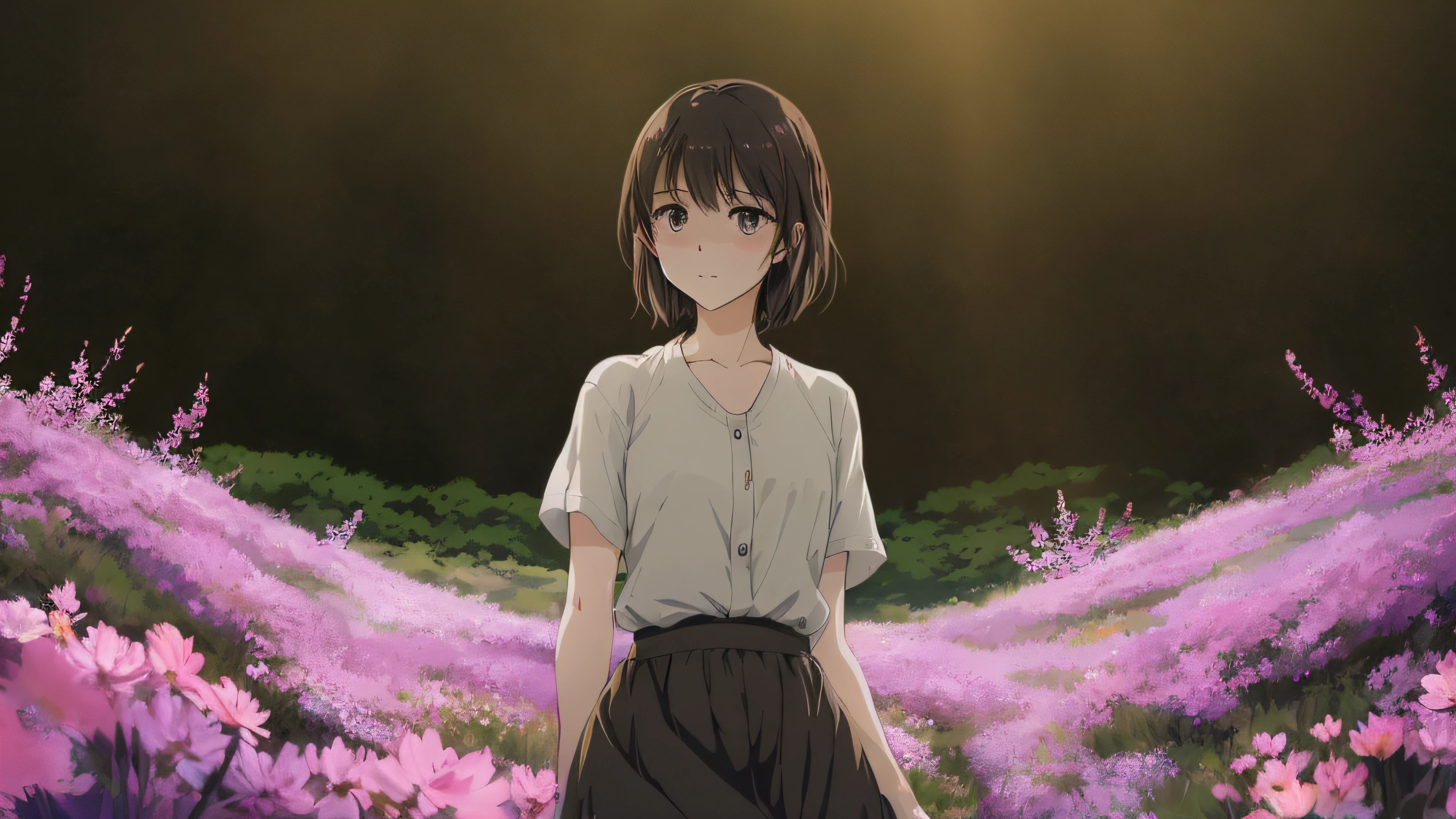 Very detailed and precise illustrations close to photographs、Amazing beautiful woman、Dignified、Brown shorthair、Perfectly round gray eyes、serene expression、Staring at the camera、gray shirt、Wearing a long gray skirt。Flowers blooming on a plateau in the background々、Surrounded by flowers、Dramatic backlighting、Anime Style。