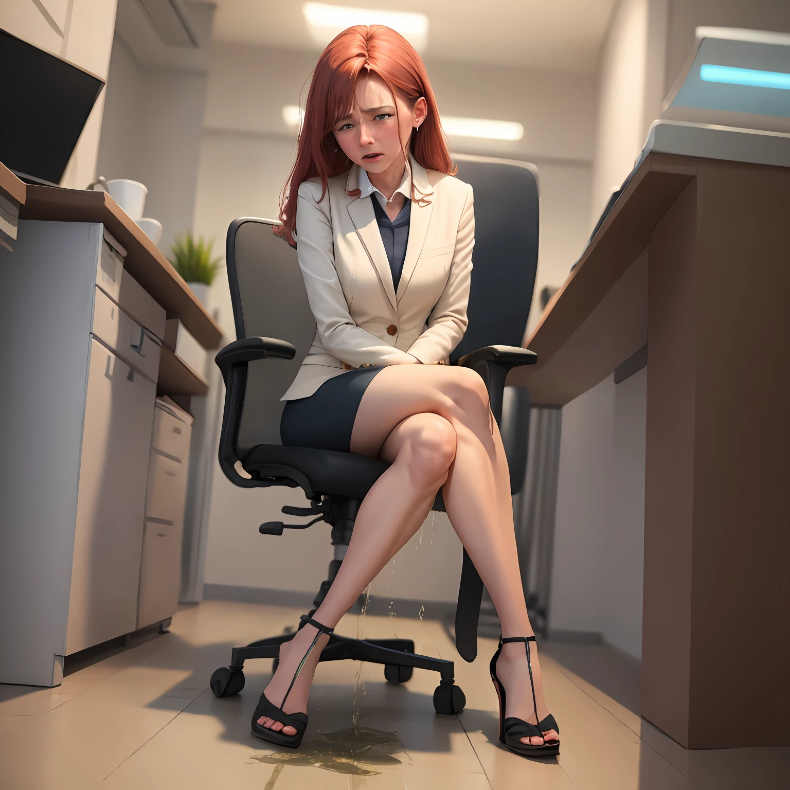 tanned redhead, muscular legs, muscular calves, Strong legs, wide thighs, Curvy hips, high-heeled sandals, tights in a mesh, Stiletto heels, Women's Business Suit with Short Skirt, He really wants to pee, in the office chair, Now it will be described, want to suck, crossed legs, Knees Together, Clenched knees, Clenched hips, pinches the crotch, desperately wants to pee, Clenched hips, wants to urinate, An expression of shame on his face, bites the lower lip, endures to the toilet, endures little, suffers little need, full bladder, Crying, Written, in his pants, urine flows down the legs, described, terribly wants to go to the toilet