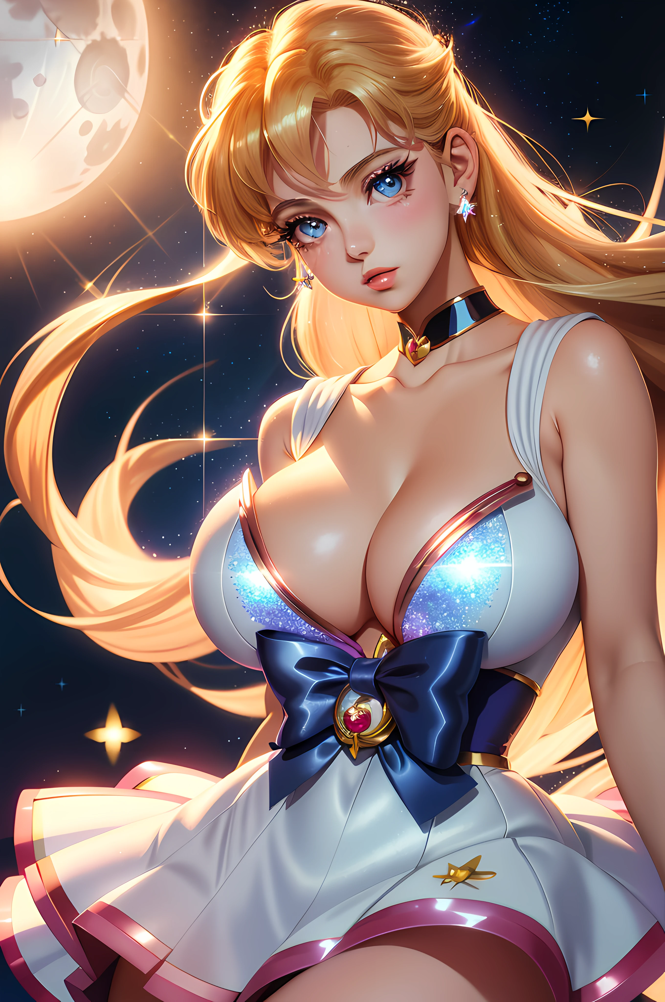 sailor moon, realistic, 1girl, (magical girl:1.4), long blonde hair, (blue eyes), (crystals, shimmer bokeh), sailor scout uniform, (huge breasts:1.25), cleavage, wide hips, small waist, collarbone, parted lips, makeup, blush, shiny skin, night, reflection, full moon, moonlight, rose