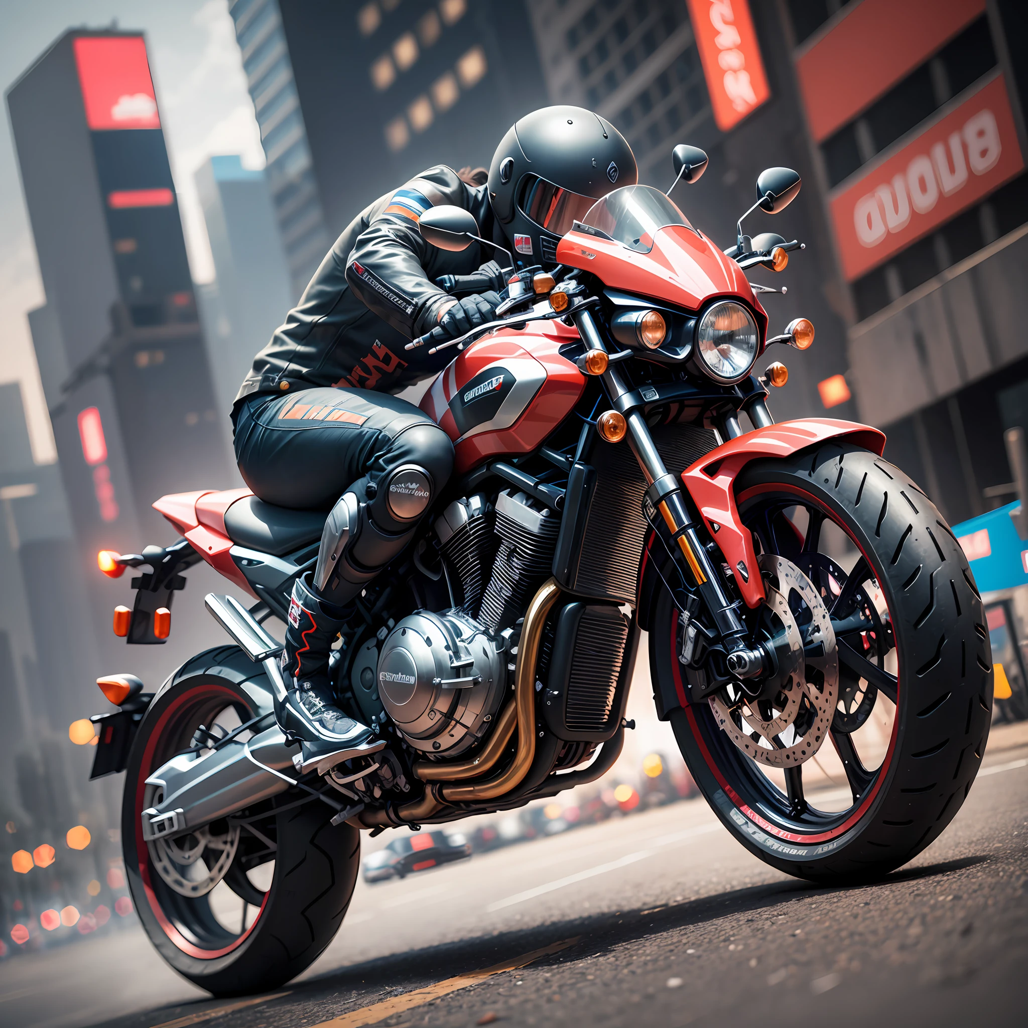 motorcycle stunt dynamic view, cyberpunk, anatomically correct, masterpiece, textured skin, super detail, 8k, high quality --auto --s2