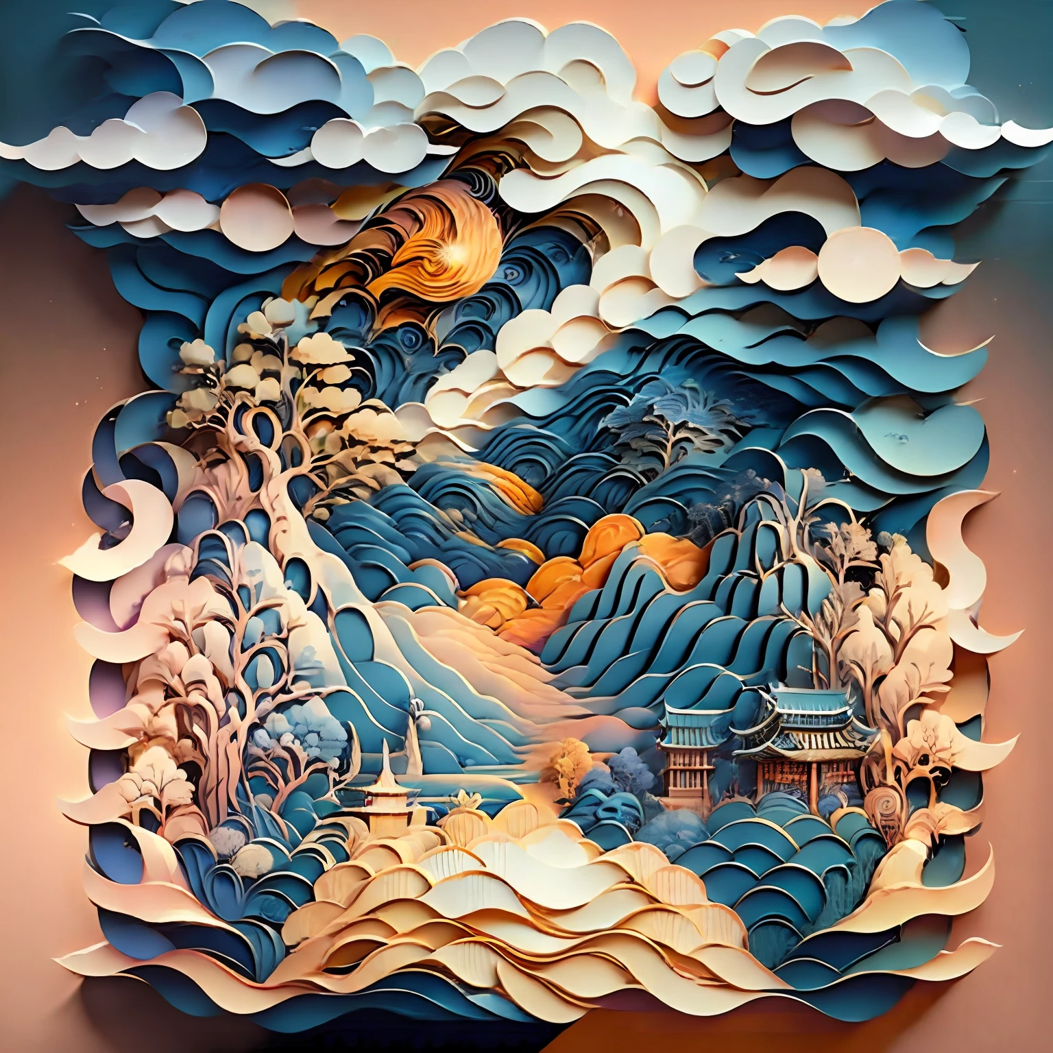 立体剪纸Multi-尺寸纸-切开，中国画 Chinese illustration，山水landscape，祥云auspicious clouds，浅米色背景light beige colorbackground，渐变马卡龙风格gradient Makaron style --auto