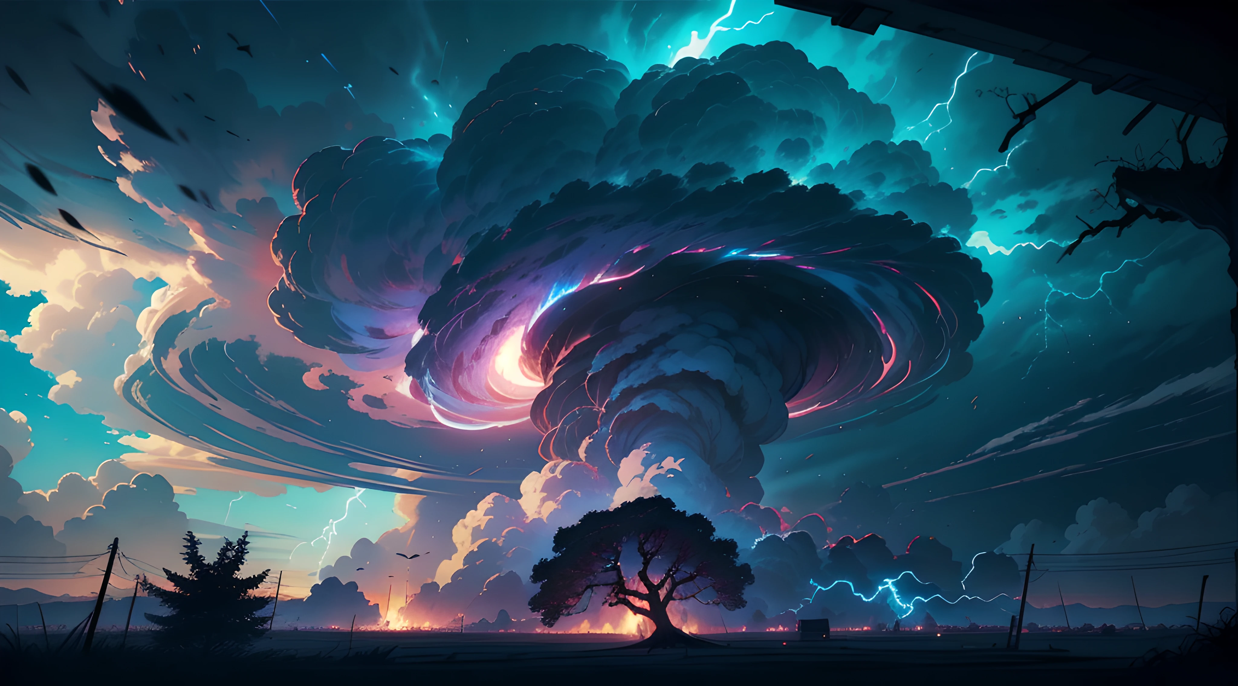 (Award Winning Photo:1.3) of a (colossal tornado:1.3), a (swirling tornado:1.3) infused with (lightning within its core:1.2) in the distant landscape, (swirling electrical tornado:1.3), swirling clouds, (massive tornado:1.3), (uprooting trees:1.2), (Dust, debris, and leaves fill the air:1.2), (flashes of lightning crackle within the swirling tornado:1.3), (blue otherworldly glow:1.3), (tornado's electric bolts striking the ground:1.2), photorealistic, masterpiece, realistic, realism, photorealism, high contrast, photorealistic digital art trending on Artstation, 8k HD high definition detailed