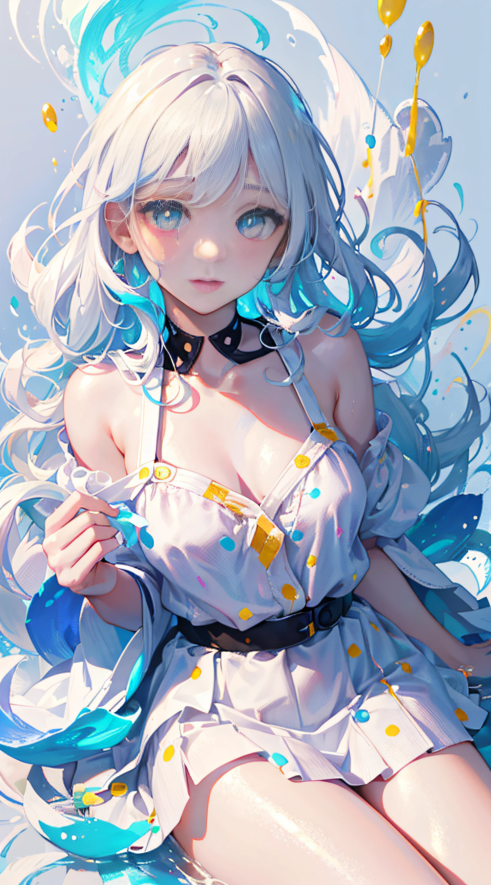 (Masterpiece, Best Quality: 1.2), (Super Detailed), (Illustration), Super High Resolution, Super Delicate Face, Delicate Eyes, Blue Pupils, Finger Details, Wallpaper, Original, 1girl, Messy White Hair, Thin Shoulder Straps, White Skirt, ???? Legs, Barefoot, ???? Arms, Full Body, (Surrounded by Colorful Splashes and Dots), Colored Bubbles, (Shiny), Simple Background