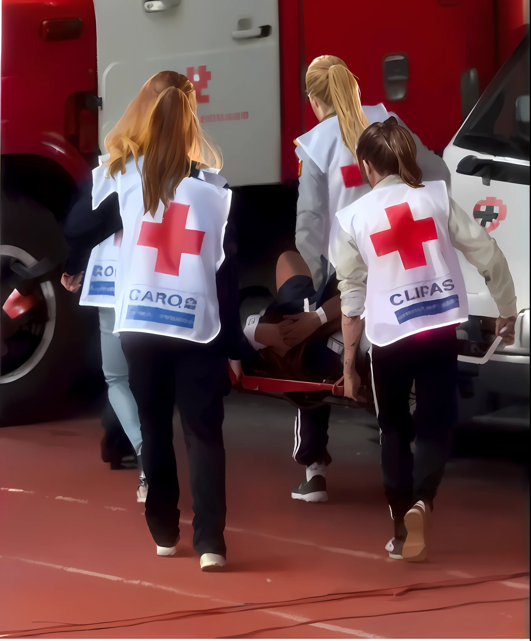 three women walking towards a red cross ambulance with a man on a stretcher, red cross, injured, the victim is in the center, in sao paulo, medic, first aid kit, by Elena Guro, random detail, by Fernando Gerassi, on set, broad, valentina remenar, emergency, editorial photo, zoomed in, by Bernardo Daddi