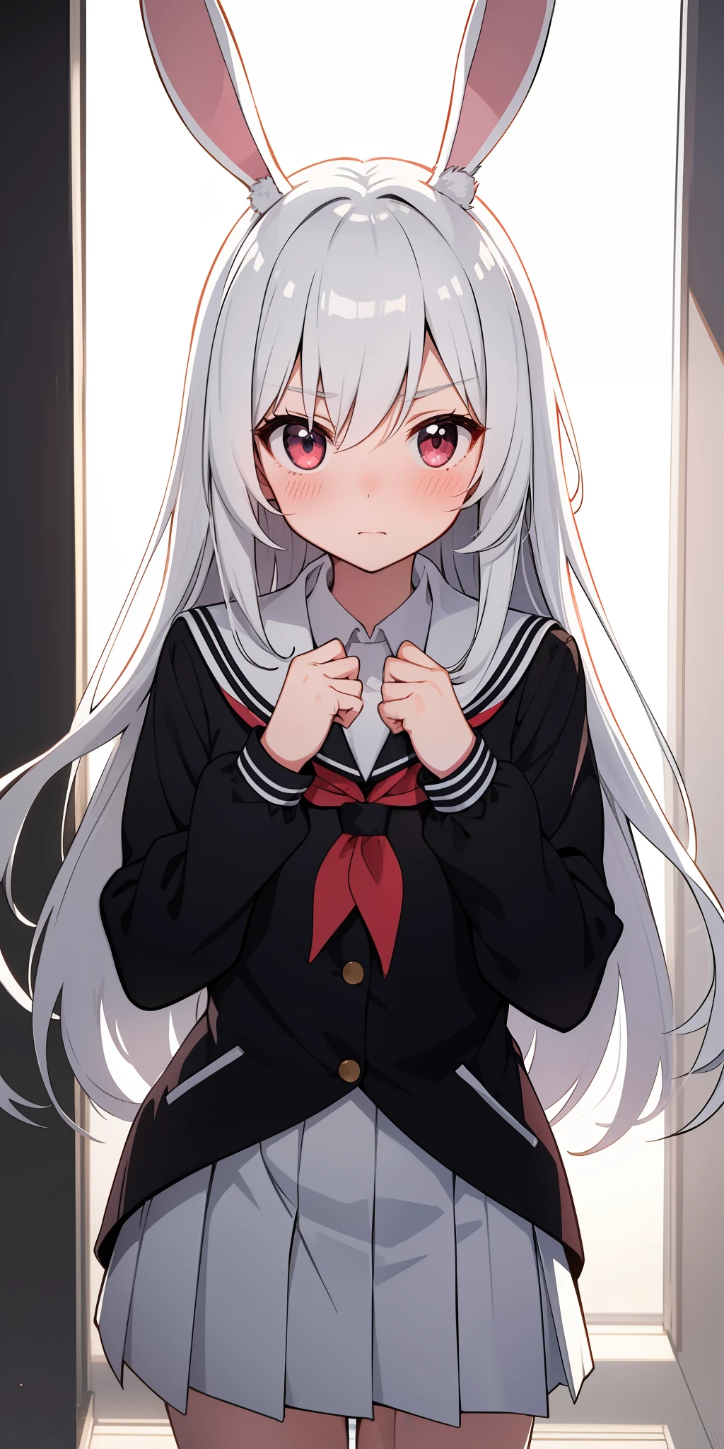 Anime girl with white hair and bunny ears, ruby eyes, shy blush, school uniform, high contrast, soft light