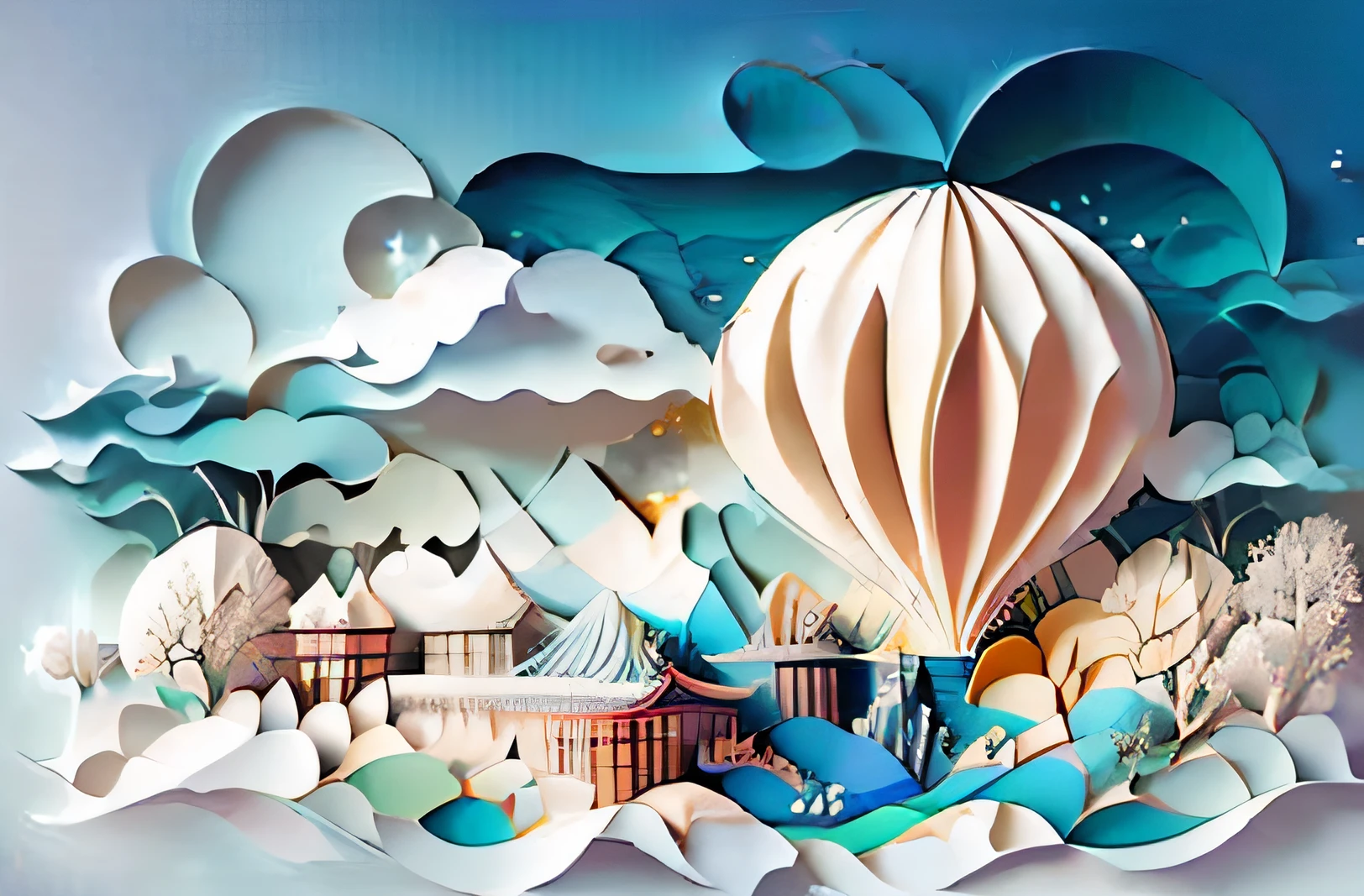 Tunnel composition，Paper-cut craft，Multi - dimensional paper kirigami craft, paper illustration, above super wide angle, Thomas Kinkade, dreamy, 4K, romantic, trending on Artstation, 3d relief - - v4 - - ar2: 3，Paper-cut craft, paper illustration,tunne,galaxy,tedious details,rich layering,Chen powder pill,Amazing cityscape, chinese mountain temples, Superimposed snow, 8k, Tudor architecture, Classical architecture, spring, snowing, majestic lighting, fantasy, steps, full of wonder, cinematic,, trending on artstation, bird view, steps, breath of the wild, abstract, -- q 2 --v 4，multi dimensional paper quilling，3d relidf，center composition，Balloon，the clouds，Small fresh color scheme，Rich in layers，The picture is clean