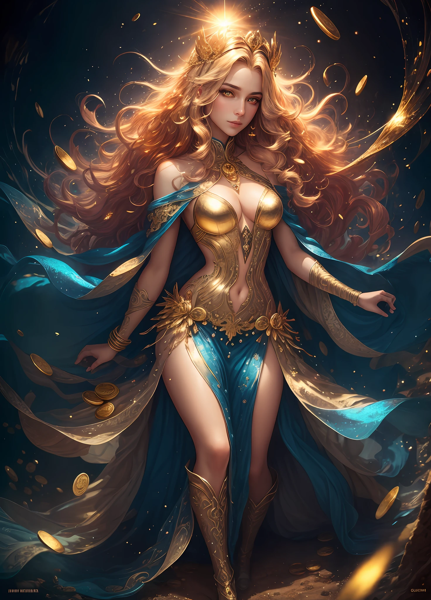 Full body shot, illustration, film light, fantasy, highest quality, super detailed, best quality, masterpiece, (detailed face), tall sexy mature woman, dress made of gold coins chained together, glowing quicksand, floating embers Crystals, golden hair accessories, metal that reflects sunlight, (body focal length: 1.25), clear blue sky, desert ocean in the background, long curly hair, golden eyes, magic, darkness, light reflection --s2