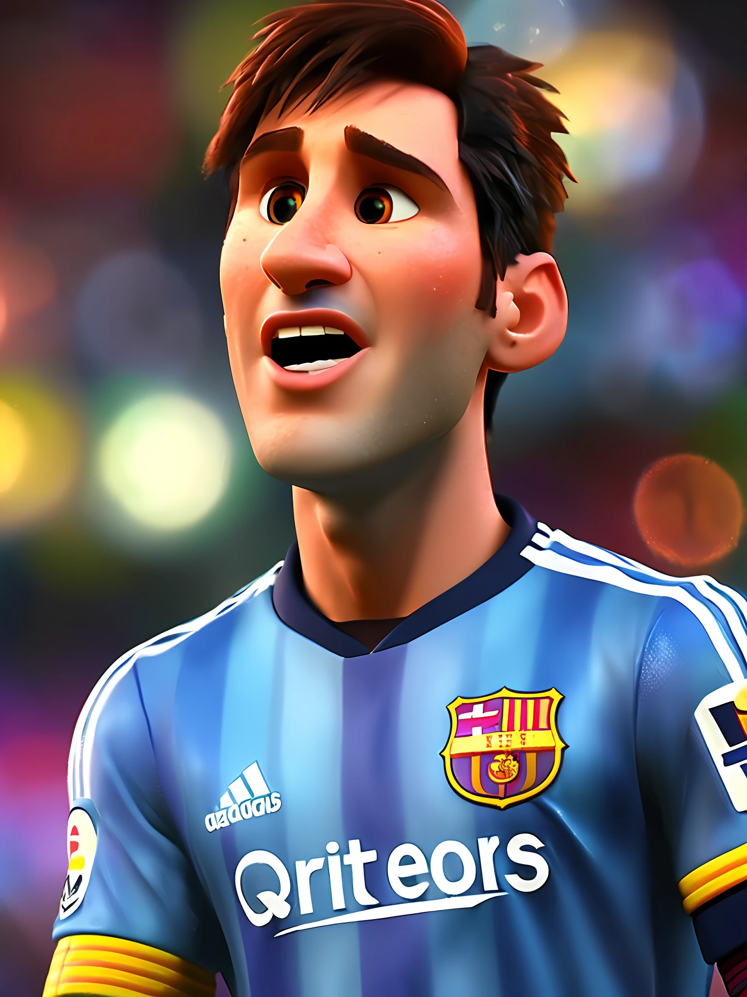 Lionel Messi, (pixar style) (masterpiece:1.2) (bokeh) (best quality) (detailed skin) (detailed texture) (8k) (claymation) (cinematic lighting) (sharp focus