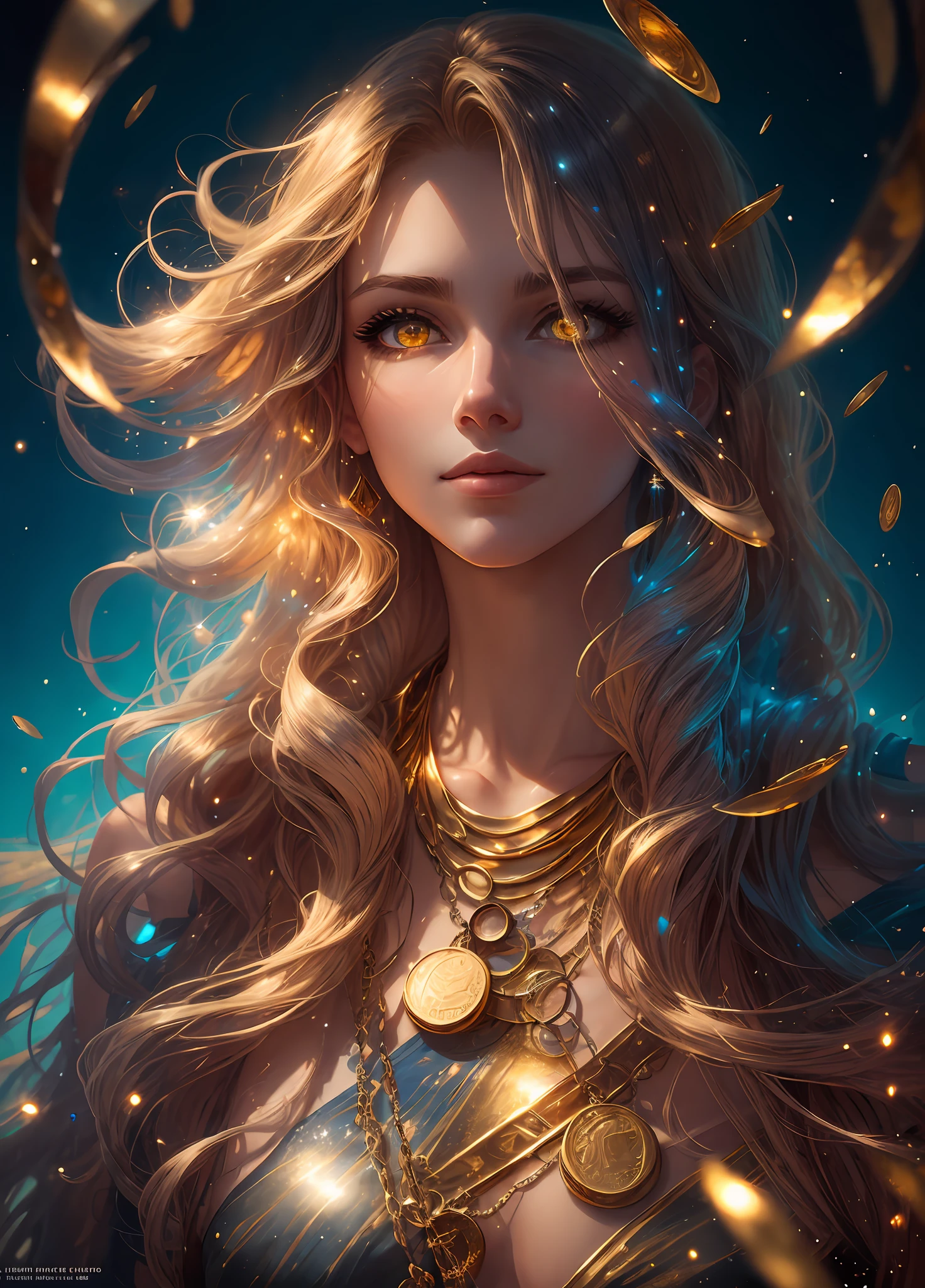 Full body shot, illustration, film light, fantasy, highest quality, super detailed, best quality, masterpiece, (detailed face), tall sexy mature woman, dress made of gold coins chained together, glowing quicksand, floating embers Crystals, golden hair accessories, metal that reflects sunlight, (body focal length: 1.25), clear blue sky, desert ocean in the background, long curly hair, golden eyes, magic, darkness, light reflection --s2