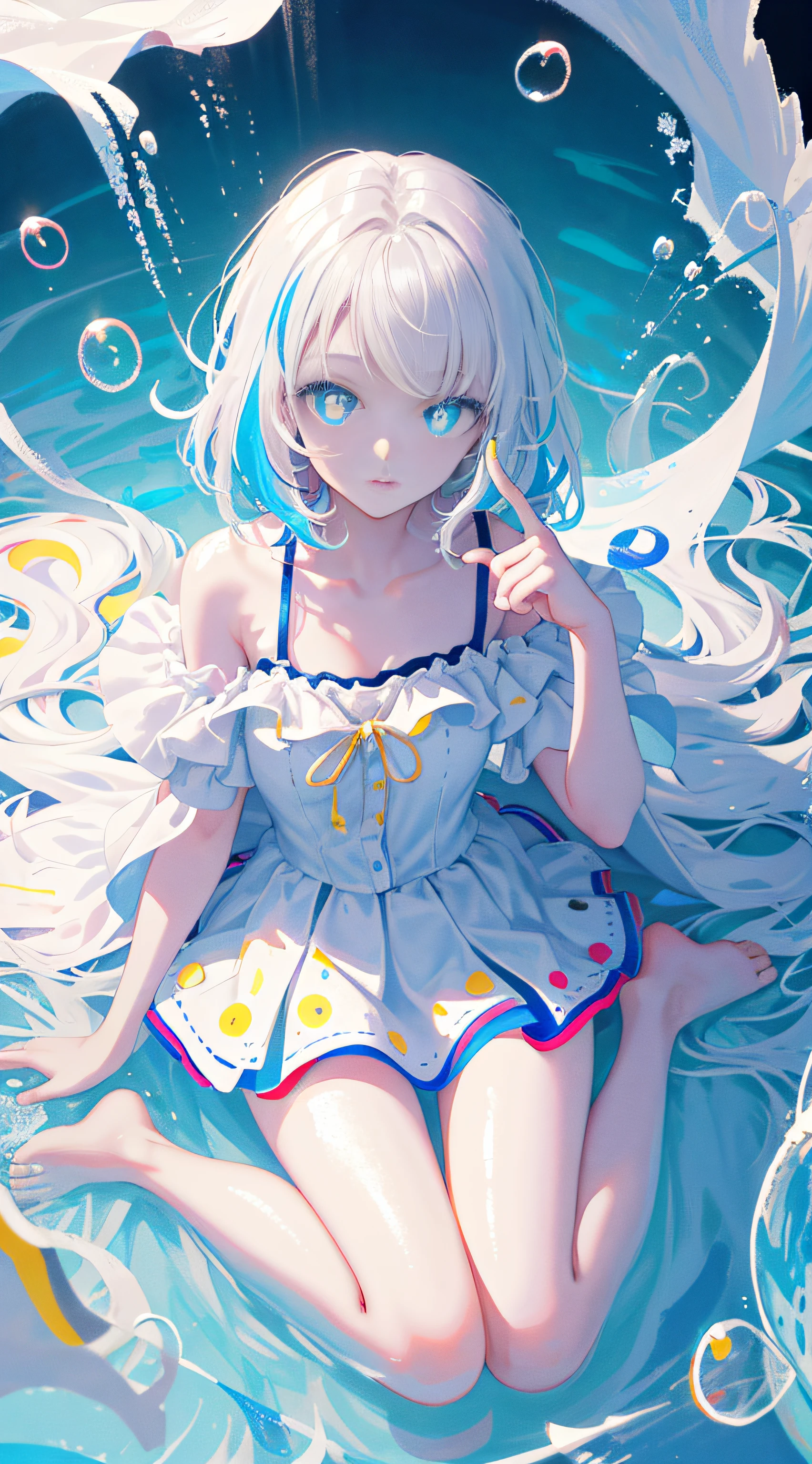 (Masterpiece, Best Quality: 1.2), (Super Detailed), (Illustration), Super High Resolution, Super Delicate Face, Delicate Eyes, Blue Pupils, Finger Details, Wallpaper, Original, 1girl, Messy White Hair, Thin Shoulder Straps, White Skirt, Bare Legs, Barefoot, Bare Arms, Full Body, (Surrounded by Colorful Splashes and Dots), Colored Bubbles, (Shiny), Simple Background