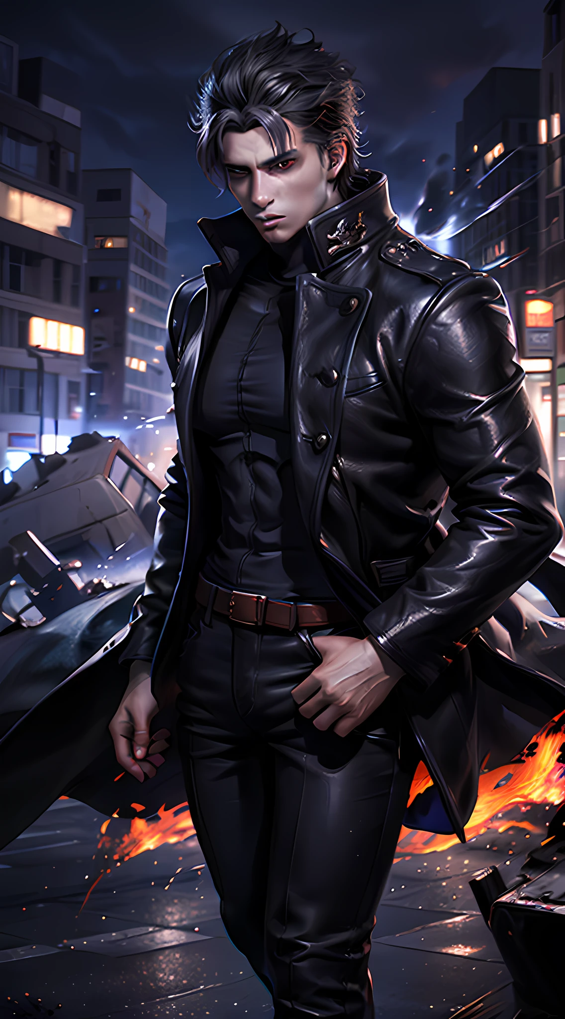 A handsome man, a vampire king with long black hair and red eyes, he wears a brown robe and black outfit with red, coat, fingerless gloves, belt, city, detailed eyes, destroyed buildings, destruction, (night:1.4), natural lighting, cinematic, epic, Battle pose, surrounded by blue fire, wallpaper 4k, highest quality digital art, Stunning art,8k,64k, HD, unparalleled masterpiece, dynamic lighting, cinematic, epic