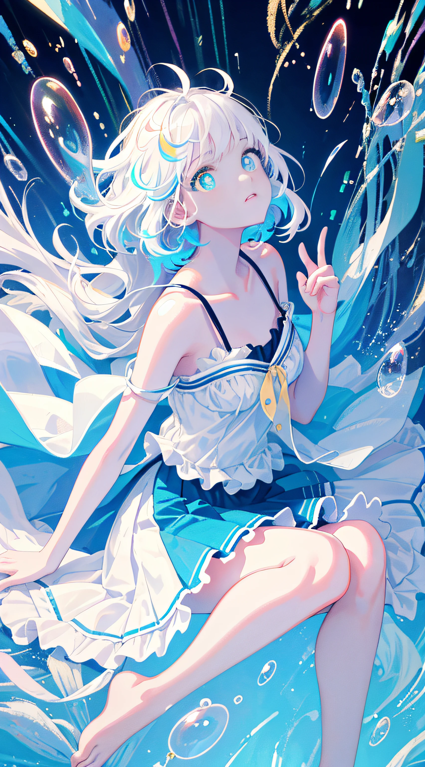 (Masterpiece, Best Quality: 1.2), (Super Detailed), (Illustration), Super High Resolution, Super Delicate Face, Delicate Eyes, Blue Pupils, Finger Details, Wallpaper, Original, 1girl, Messy White Hair, Thin Shoulder Straps, White Skirt, Bare Legs, Barefoot, Bare Arms, Full Body, (Surrounded by Colorful Splashes and Dots), Colored Bubbles, (Shiny), Simple Background