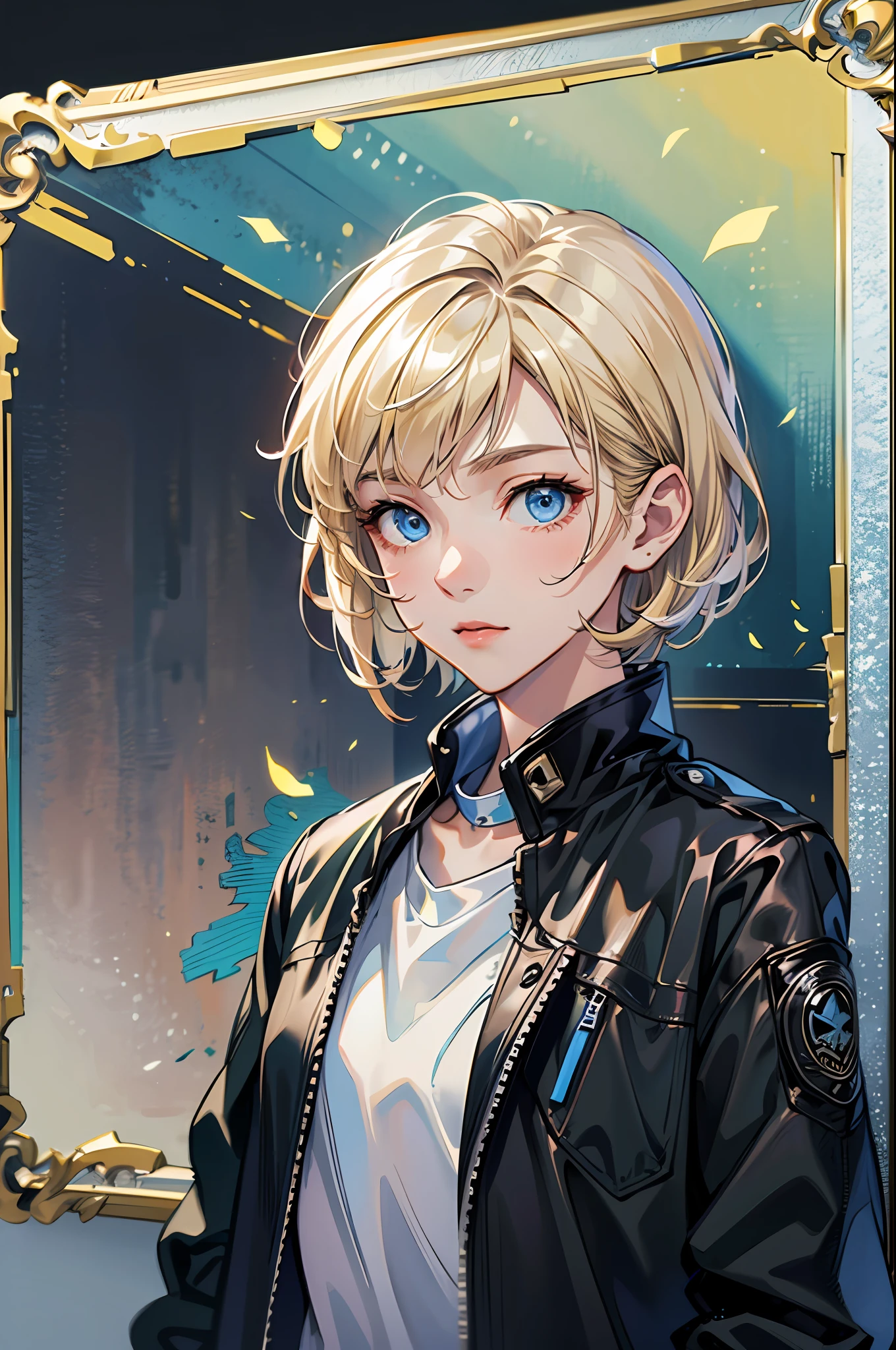 (great resolution, ultra Detailed, HDR), gal girl，blonde short bob hair，blue eyes。wearing a black jacket，Pay attention to detail，Vertical painting，（solid white background），Vertical painting，