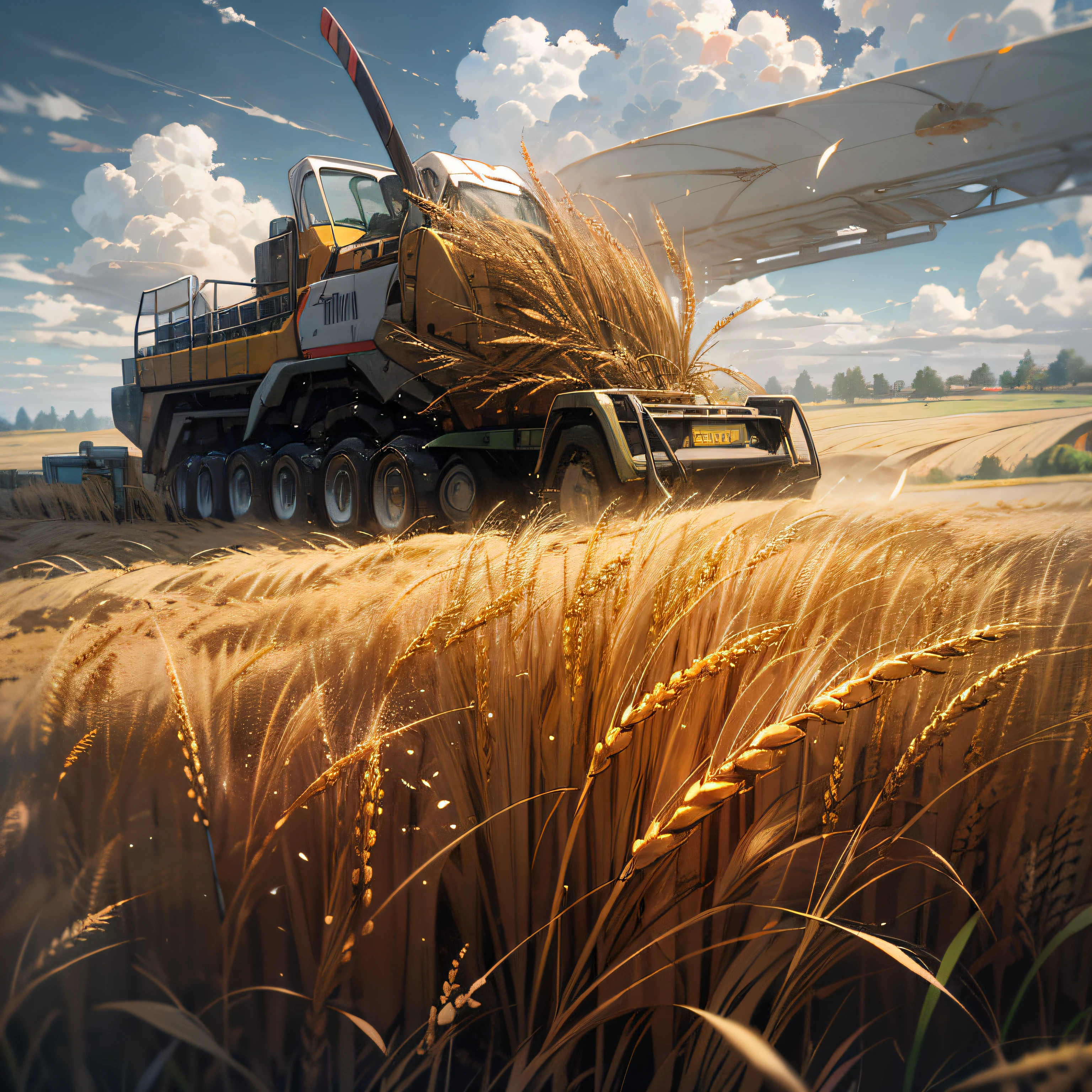 A panorama of a crop，blue sky with white clouds，Yellow wheat fields，There are a few trees scattered around，The harvester harvests wheat at a distance， --auto