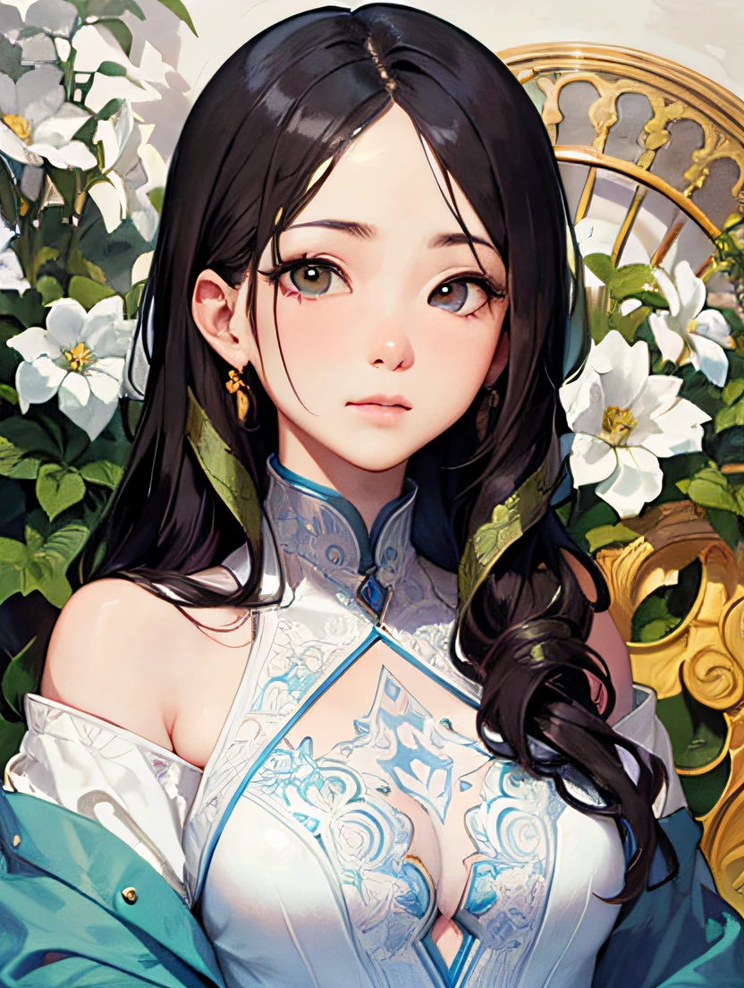Facial portrait of Asian woman, long curly hair, blonde hair, floral frame, decorative panels, abstract art, Alphonse Mucha (masterpiece, best quality, high resolution: 1.4), detailed, intricate details, 4K, color splash, line art, Fibonacci,