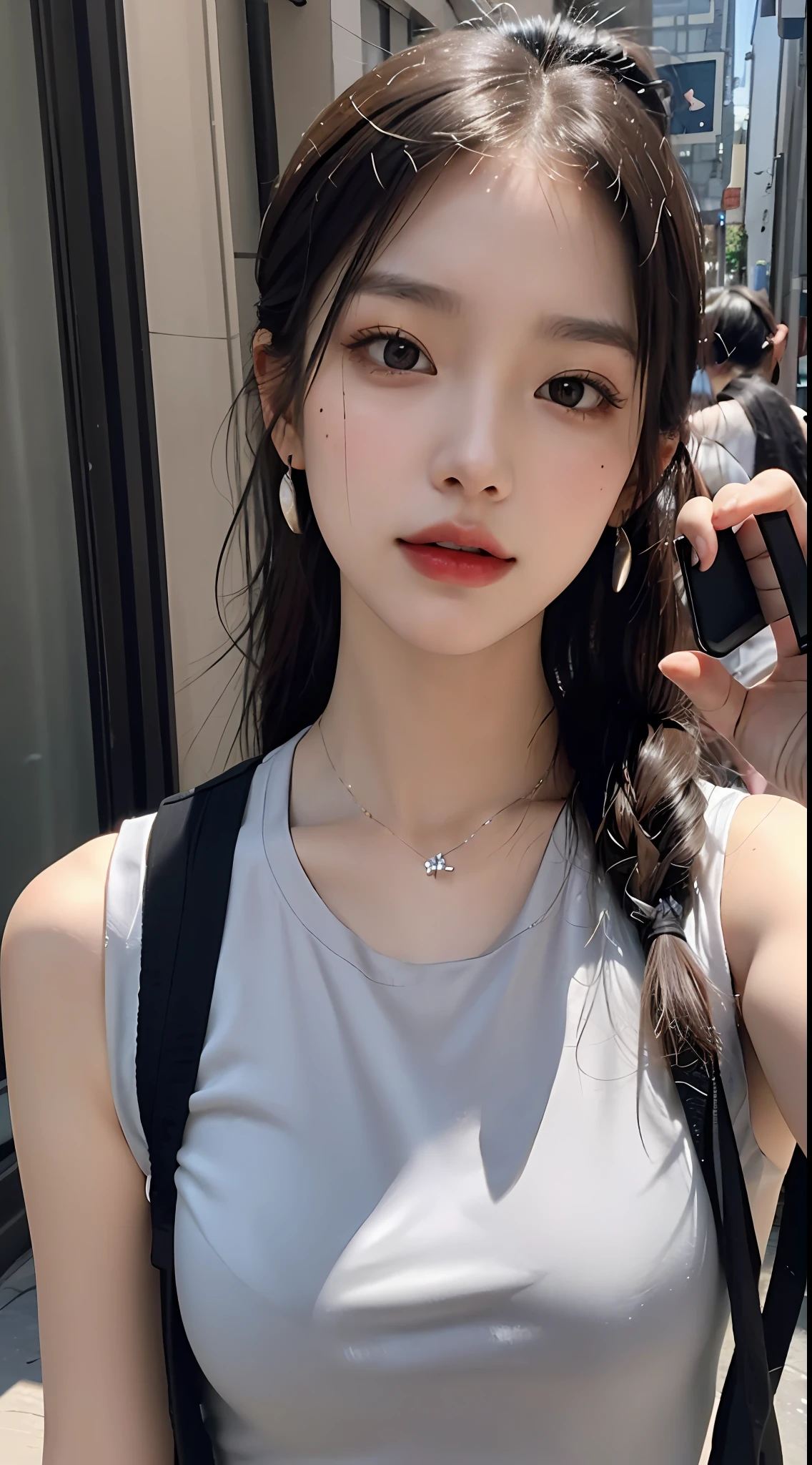 (Masterpiece), best quality, 8K resolution, a beautiful girl, wearing a sports vest, with a necklace, a beauty mole under the corner of the left eye, perfect figure, ((beautiful detailed face)), black hair (ponytail) (oblique bangs), delicate makeup, red lips, shiny lips, long eyelashes, with silver earrings, bright big eyes, eye shadow, lying silkworm, movie lighting, cute girl, master works, high detail, colorful picture, light and shadow details, extremely delicate beautiful girl, supple and fair skin, Delicate facial features, perfect face, stunning beauty, extreme details, realistic details, holding a mobile phone for selfies, on the streets of Chinese cities