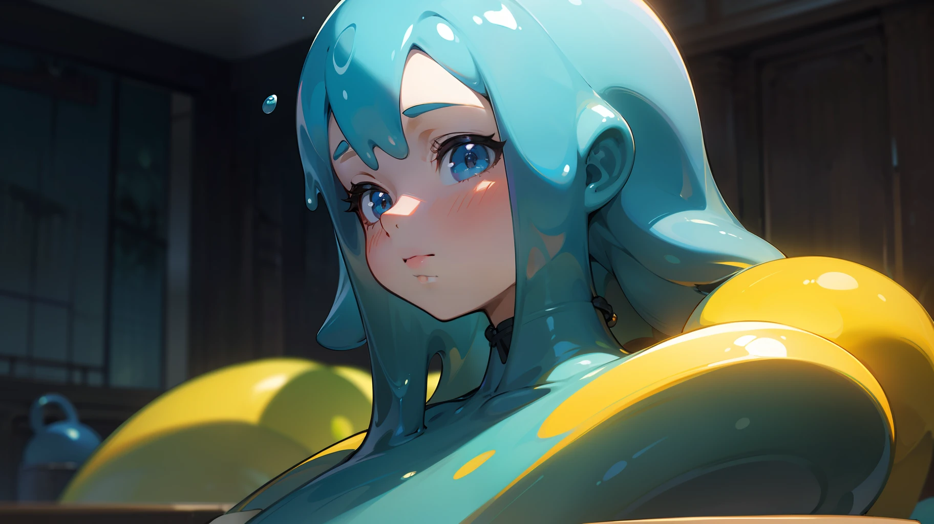 (masterpiece), best quality, 1girl, solo, slime girl, ligh, bedroom, loli, blue slime girl, upper body shot, portrait, digital art, beautiful, illustration, trending on artstation, featured on pixiv