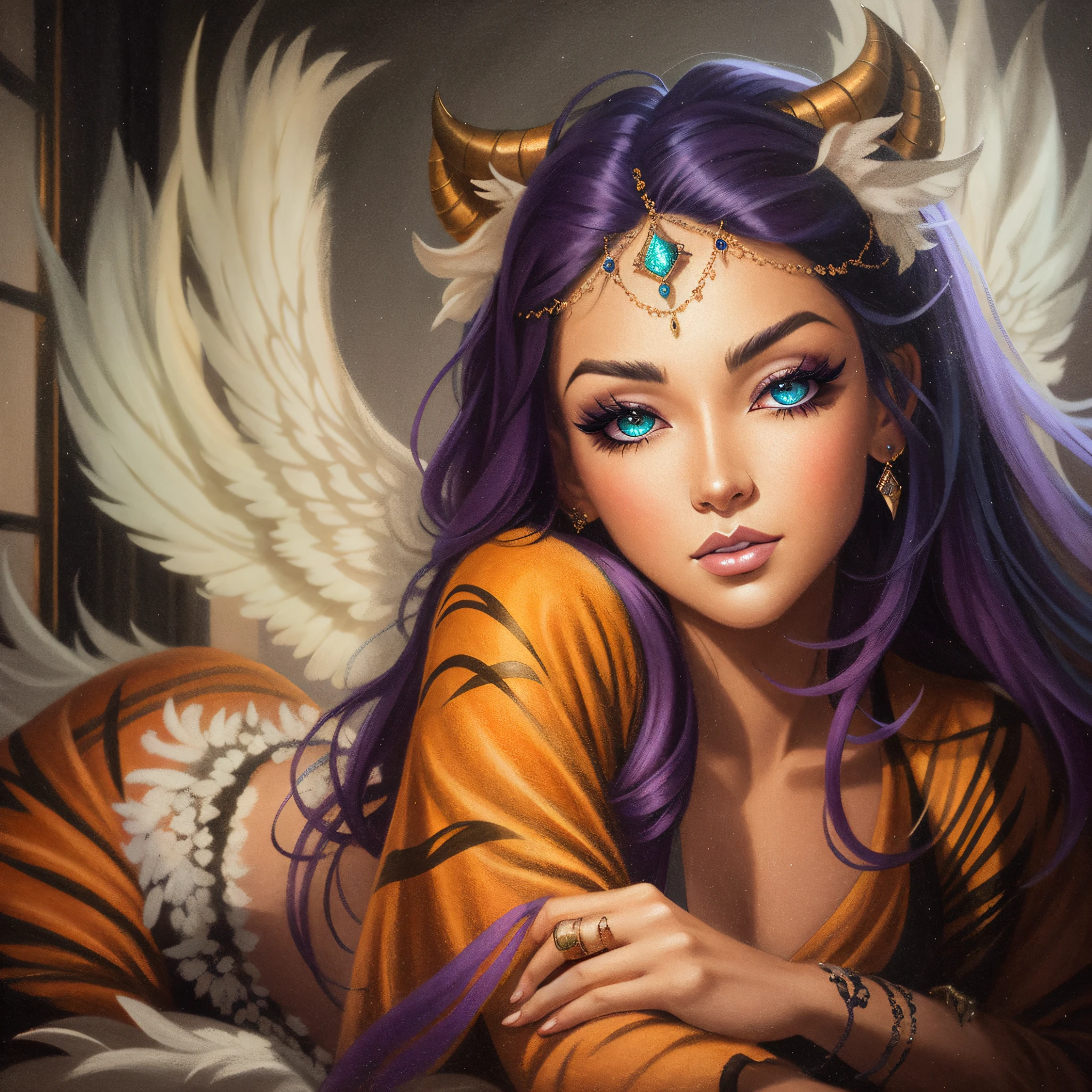 arafed woman with purple hair and horns laying on a bed, Artgerm Julie Bell Beeple, artgerm on artstation pixiv, in the style of artgerm, artgerm detailed, Artistic style, extremely detailed artgerm, in the style artgerm, as seen on artgerm, style artgerm,white wings