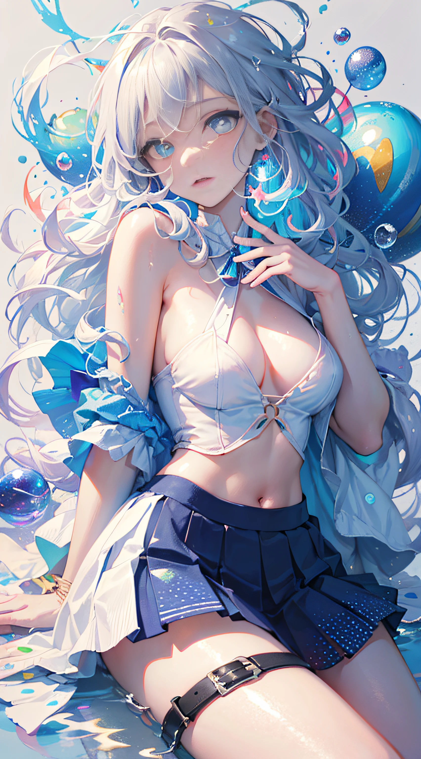 (Masterpiece, Best Quality: 1.2), (Super Detailed), (Illustration), Super High Resolution, Super Delicate Face, Delicate Eyes, Blue Pupils, Finger Details, Wallpaper, Original, 1girl, Messy White Hair, Thin Shoulder Straps, White Skirt, Bare Legs, Barefoot, Bare Arms, Full Body, (Surrounded by Colorful Splashes and Dots), Colored Bubbles, (Shiny), Simple Background