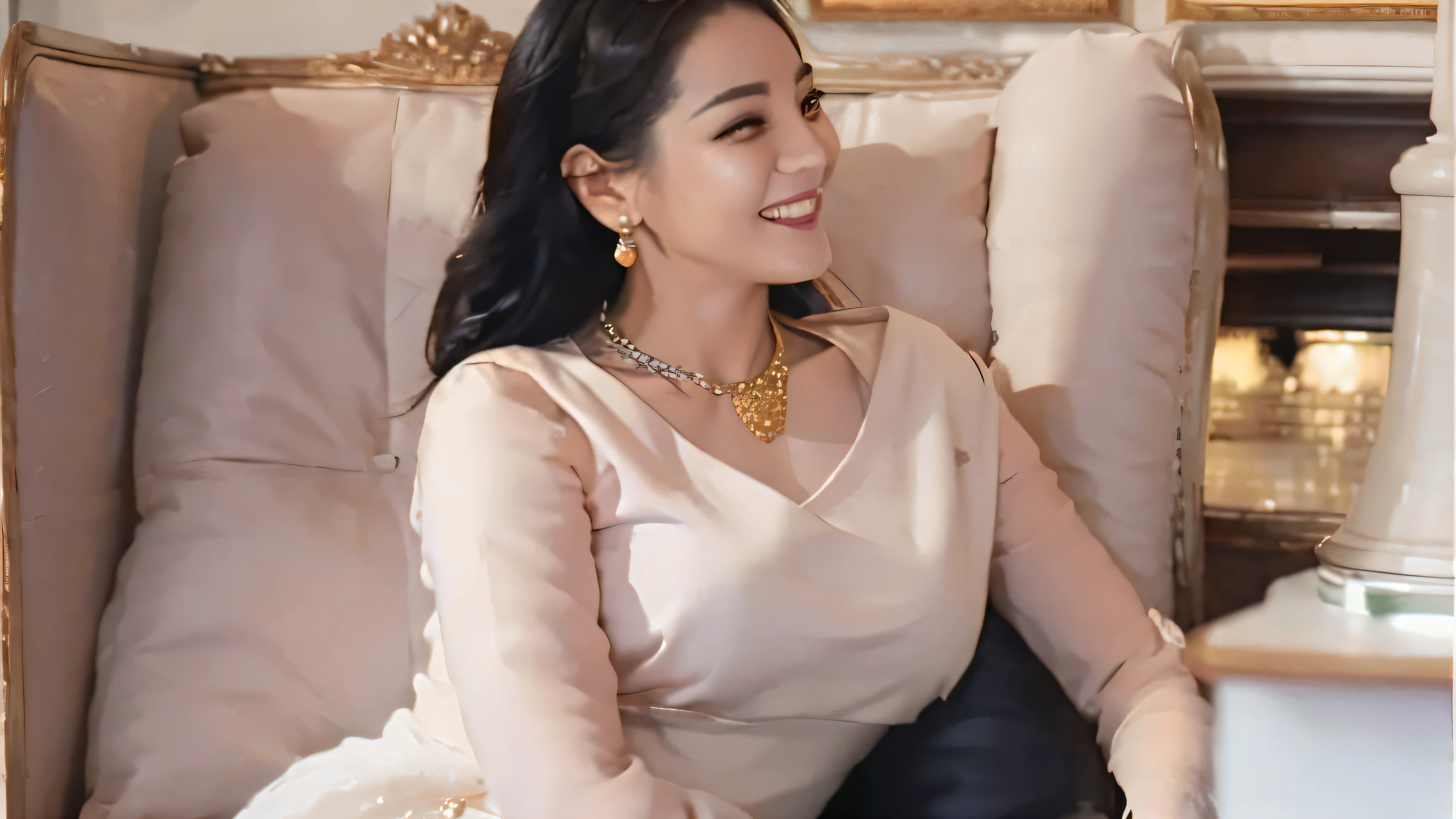 Woman sitting in pink chair，Wearing a gold necklace and earrings, Youthful face，Sorrisos，with big eyes