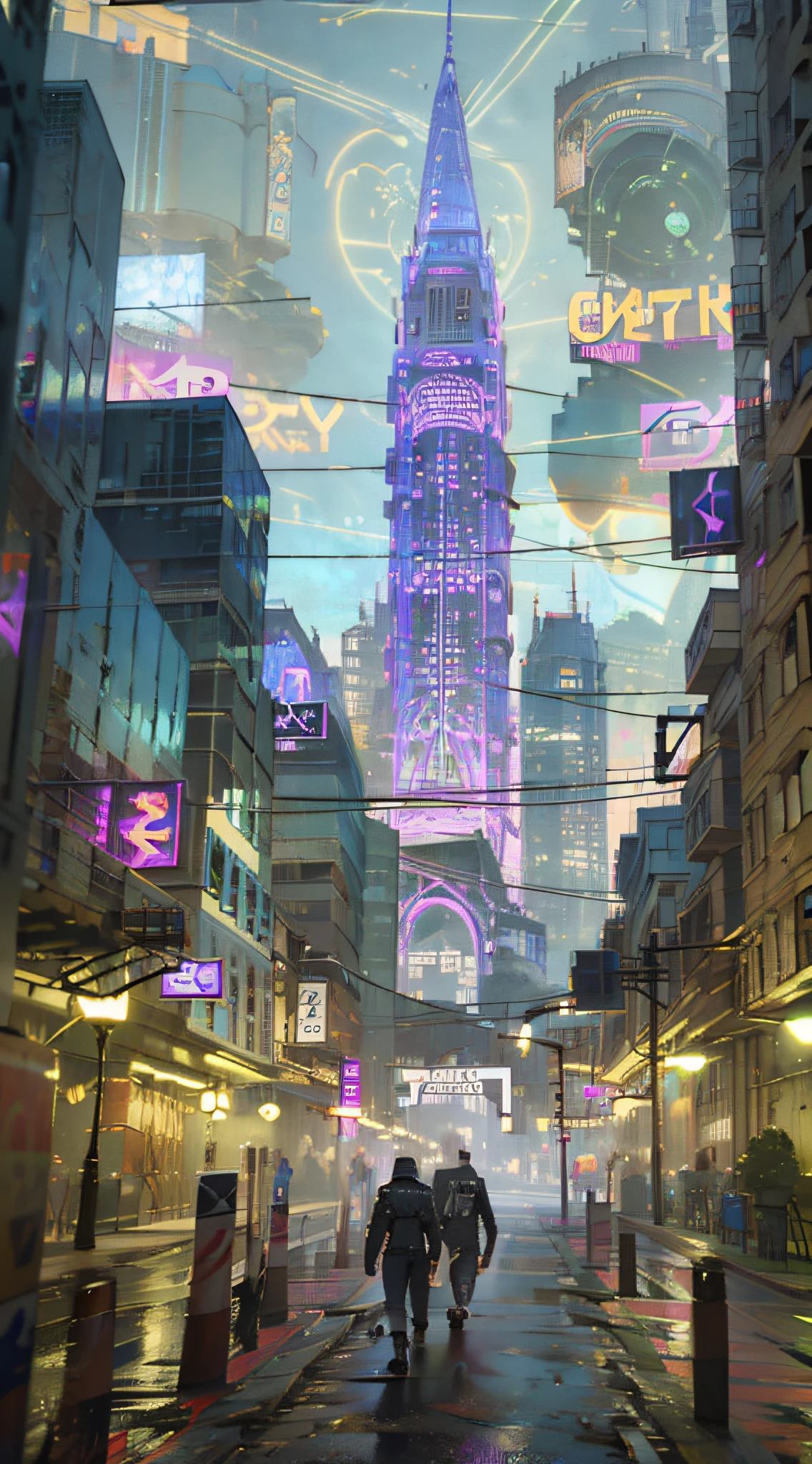 cyber punk, cities, the street, tower, exquisite detailing, Realistic and realistic, from outside, Surrealism, Gothic art, stereogram, 4K, UHD, 16k --auto --s2